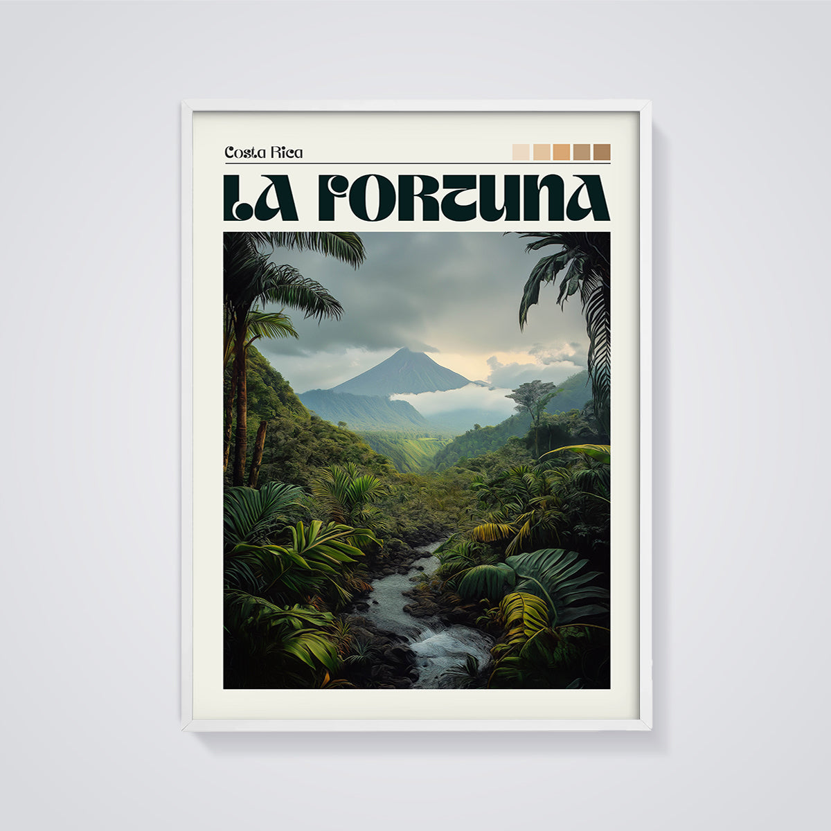 La Fortuna Costa Rica Volcano Print framed in white on a grey background