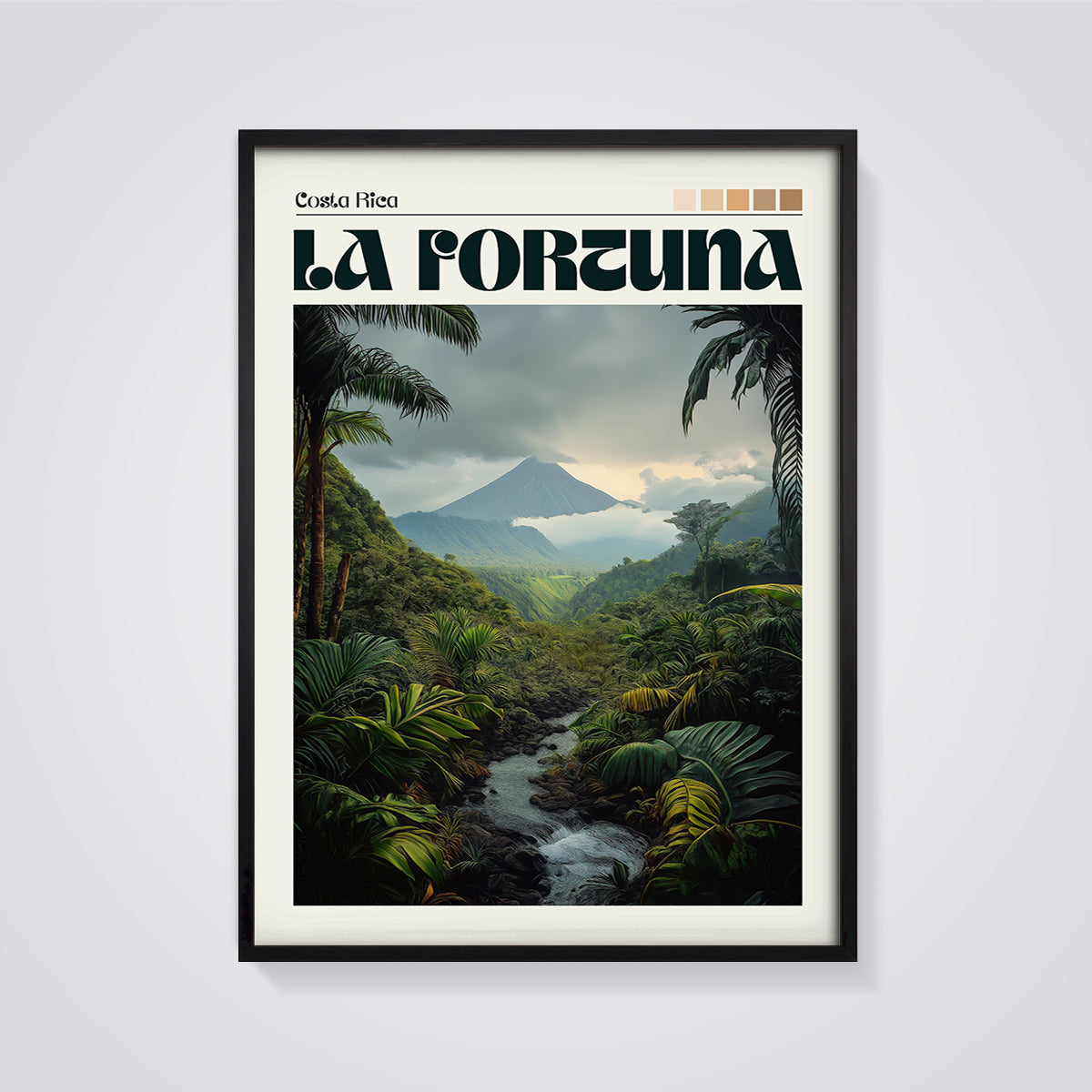La Fortuna Costa Rica Volcano Print framed in black on a grey background