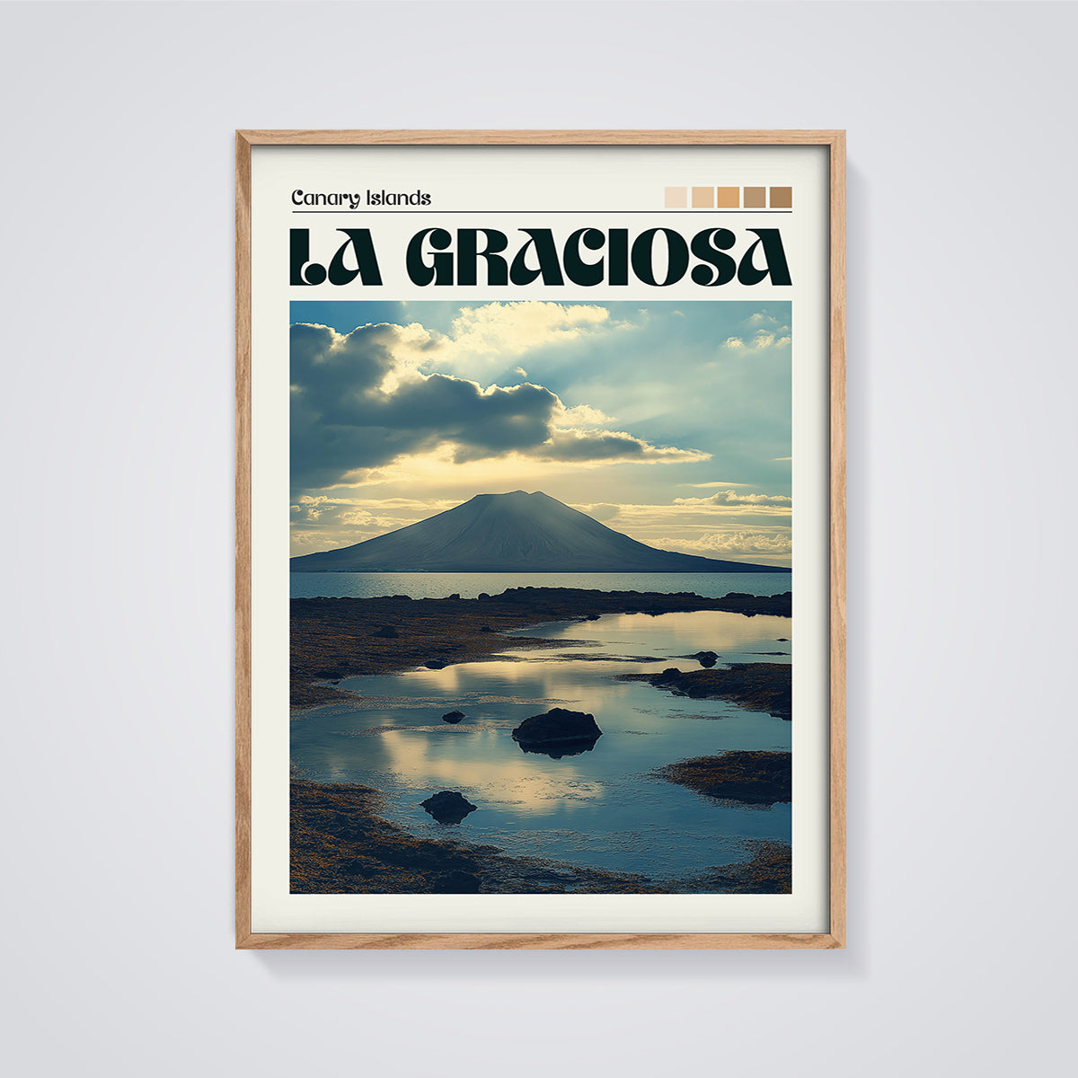 La Graciosa Canary Islands Print framed in oak on a grey background