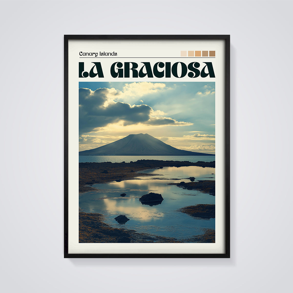 La Graciosa Canary Islands Print framed in black on a grey background