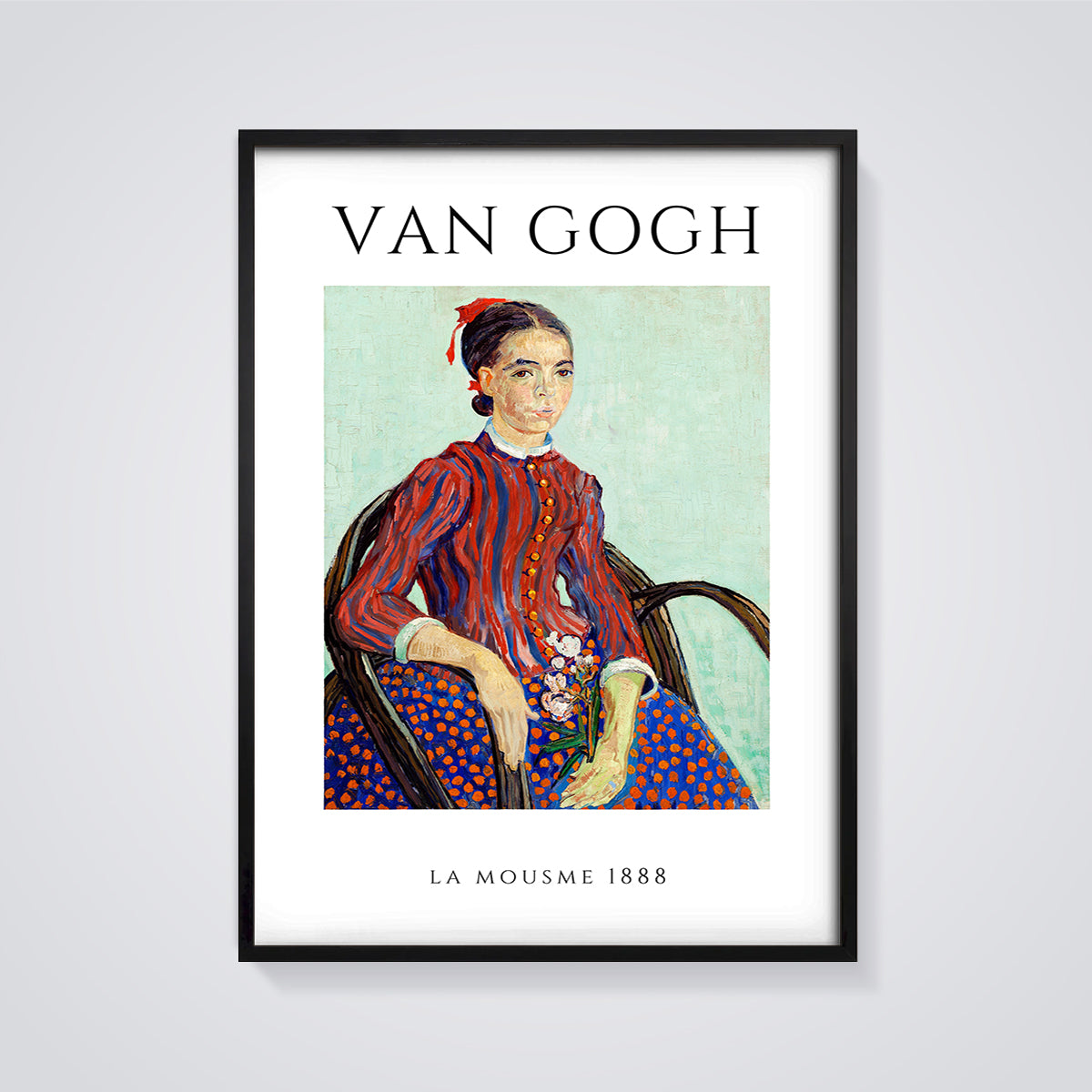 La Mousmé 1888 Van Gogh Portrait Print framed in black on a grey background