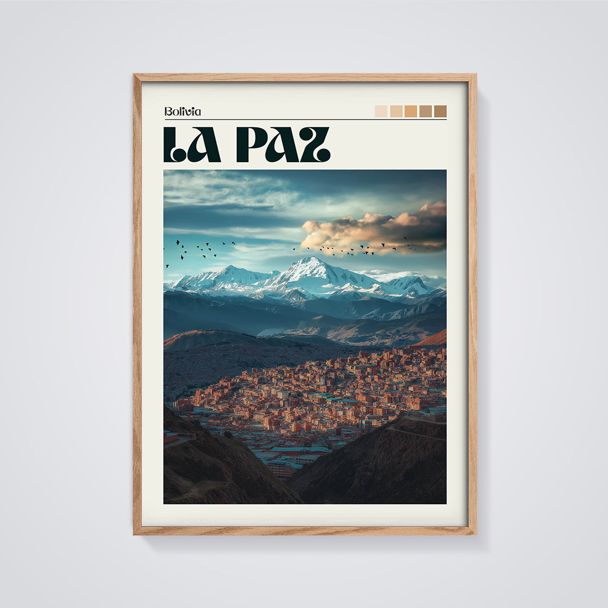La Paz Mountain City Print framed in oak on a grey background