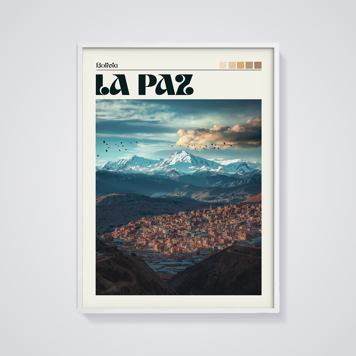 La Paz Mountain City Print framed in white on a grey background