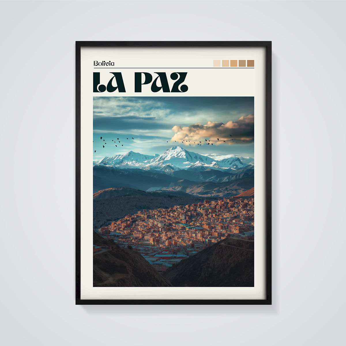 La Paz Mountain City Print framed in black on a grey background