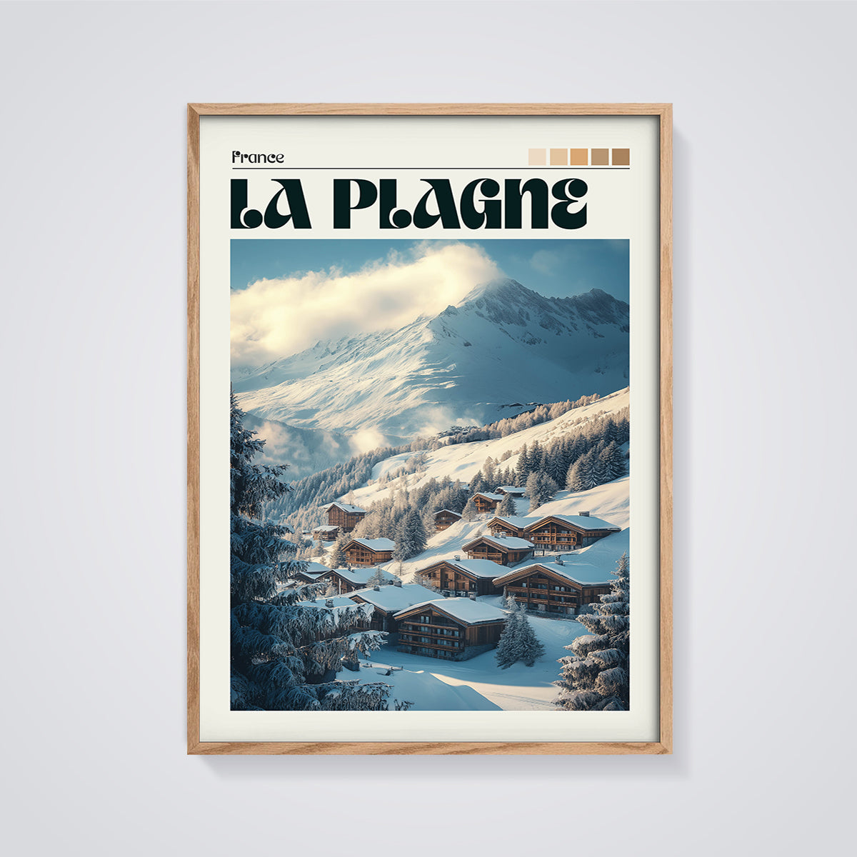 La Plagne Ski Resort Print framed in oak on a grey background
