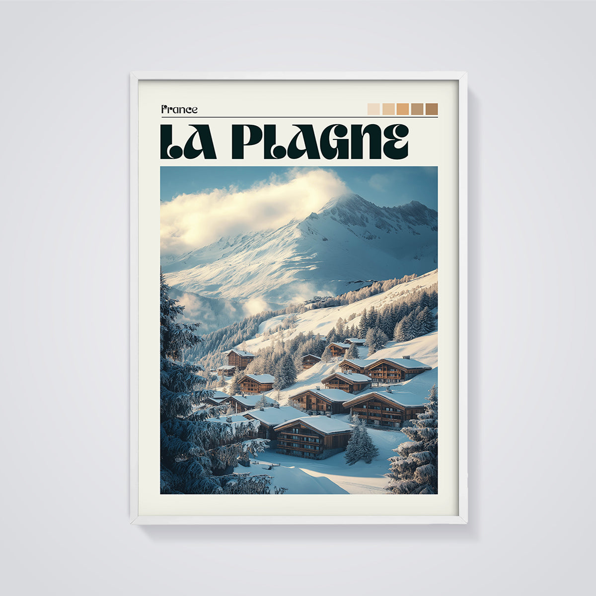 La Plagne Ski Resort Print framed in white on a grey background