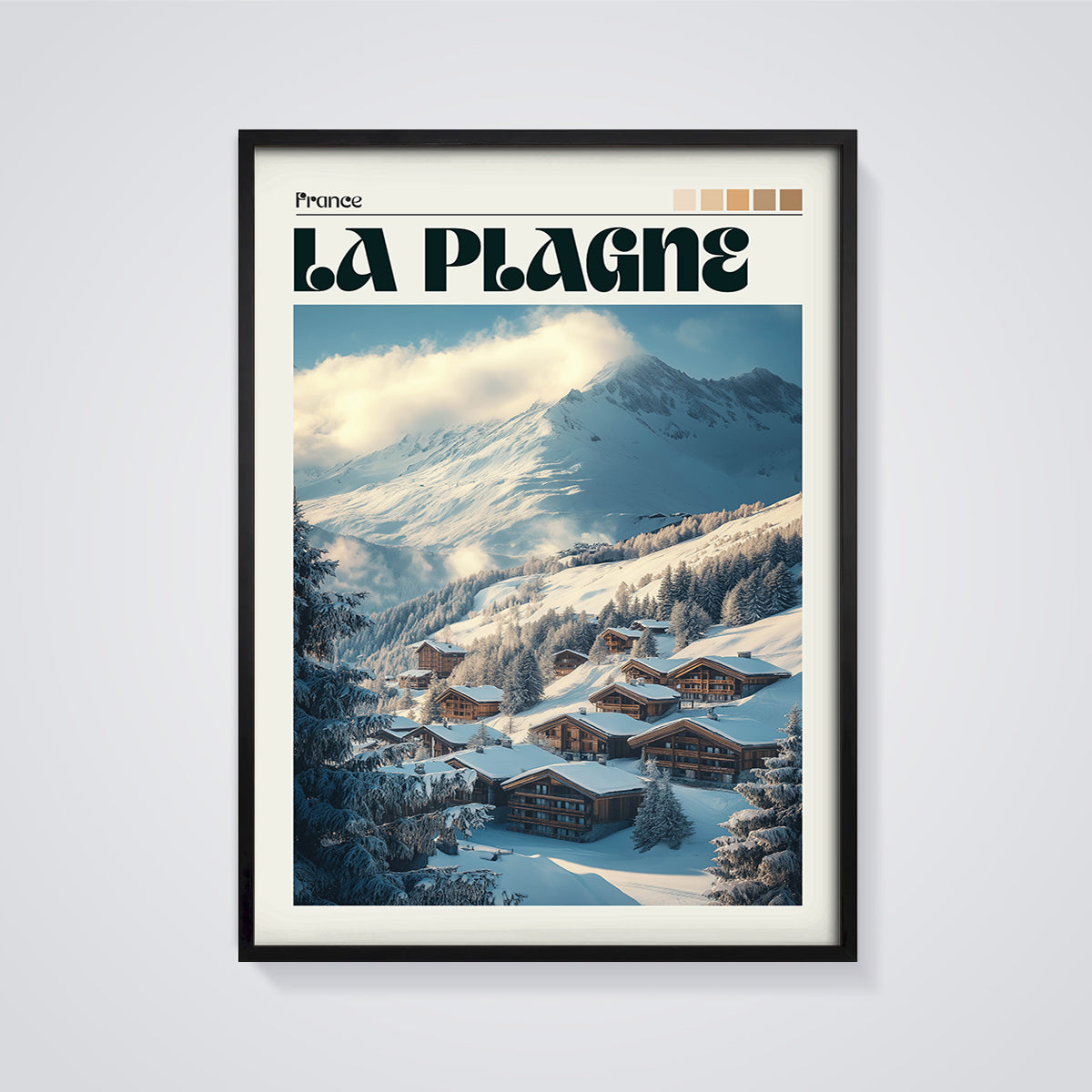 La Plagne Ski Resort Print framed in black on a grey background