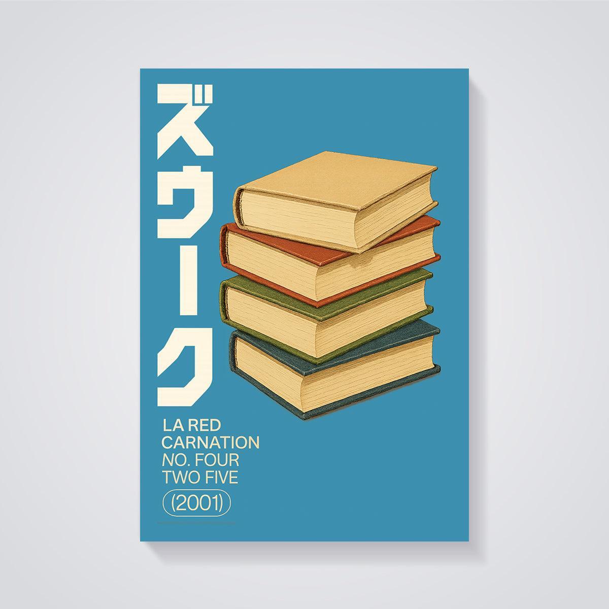 La Red Carnation Book Stack Print unframed on a grey background