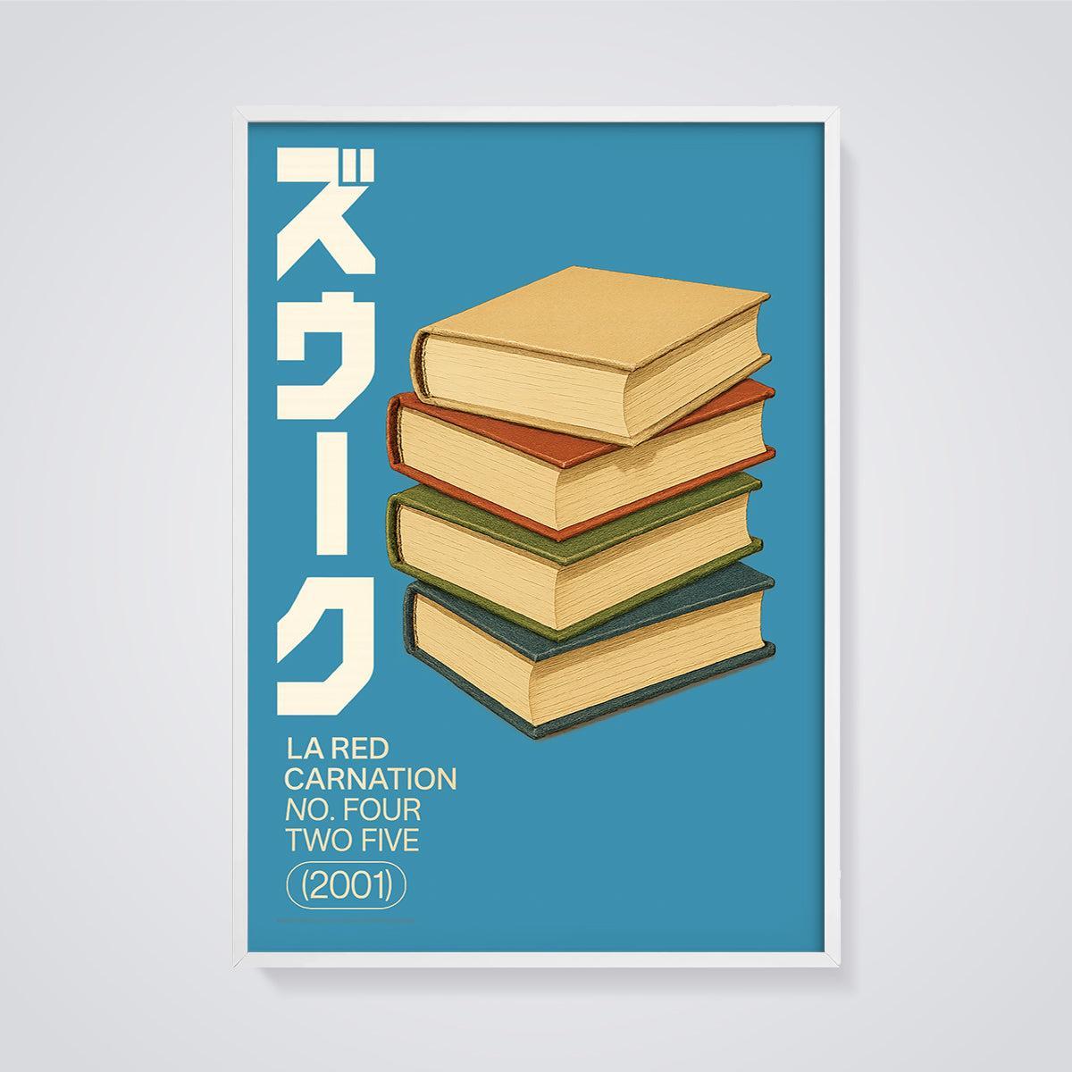 La Red Carnation Book Stack Print framed in white on a grey background