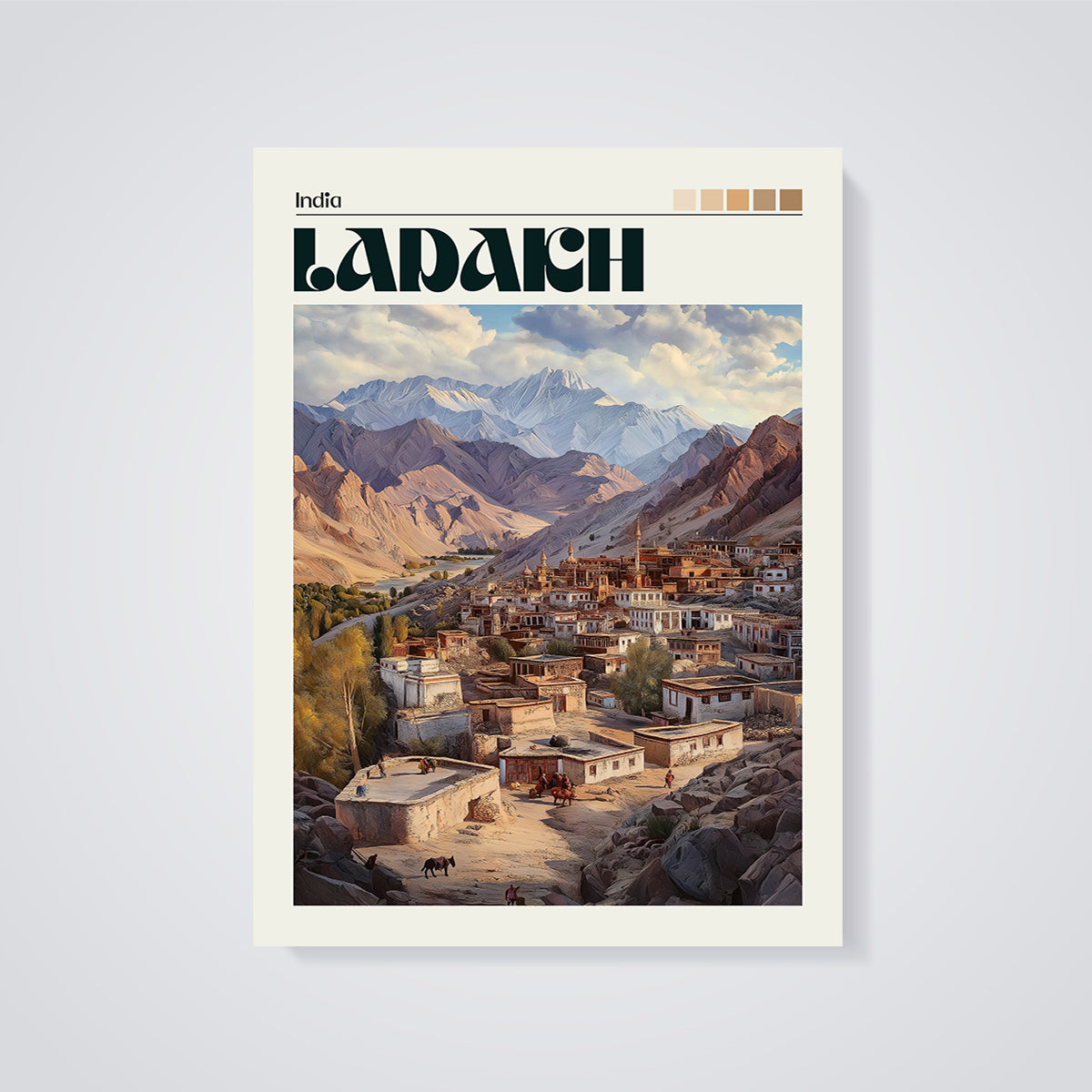 Ladakh India Mountain Town Print unframed on a grey background