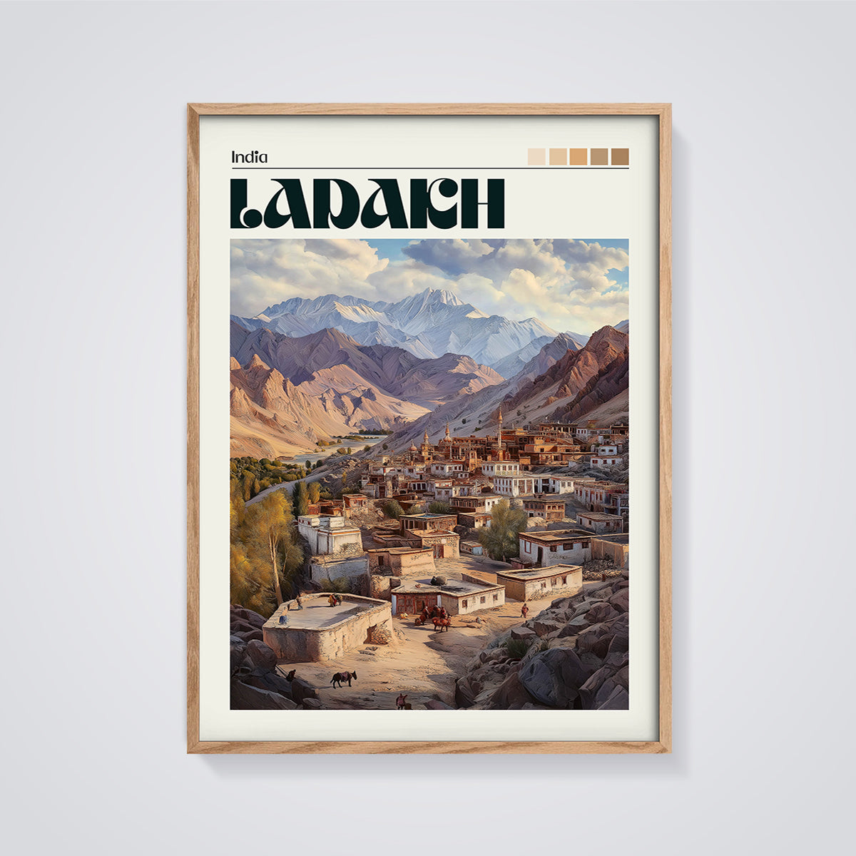 Ladakh India Mountain Town Print framed in oak on a grey background