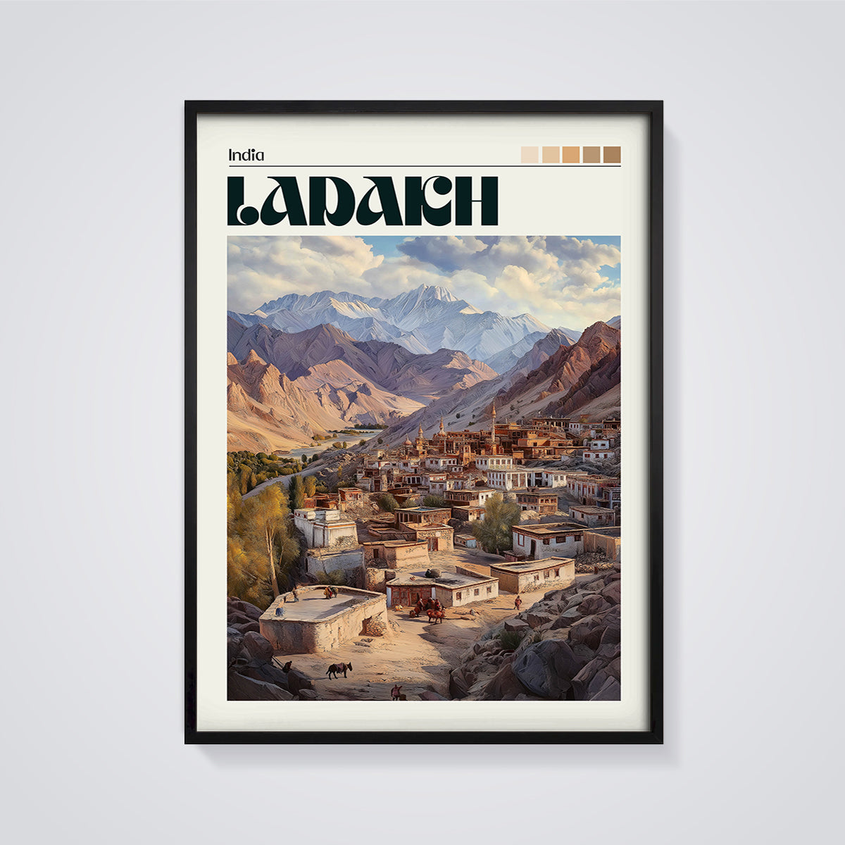 Ladakh India Mountain Town Print framed in black on a grey background
