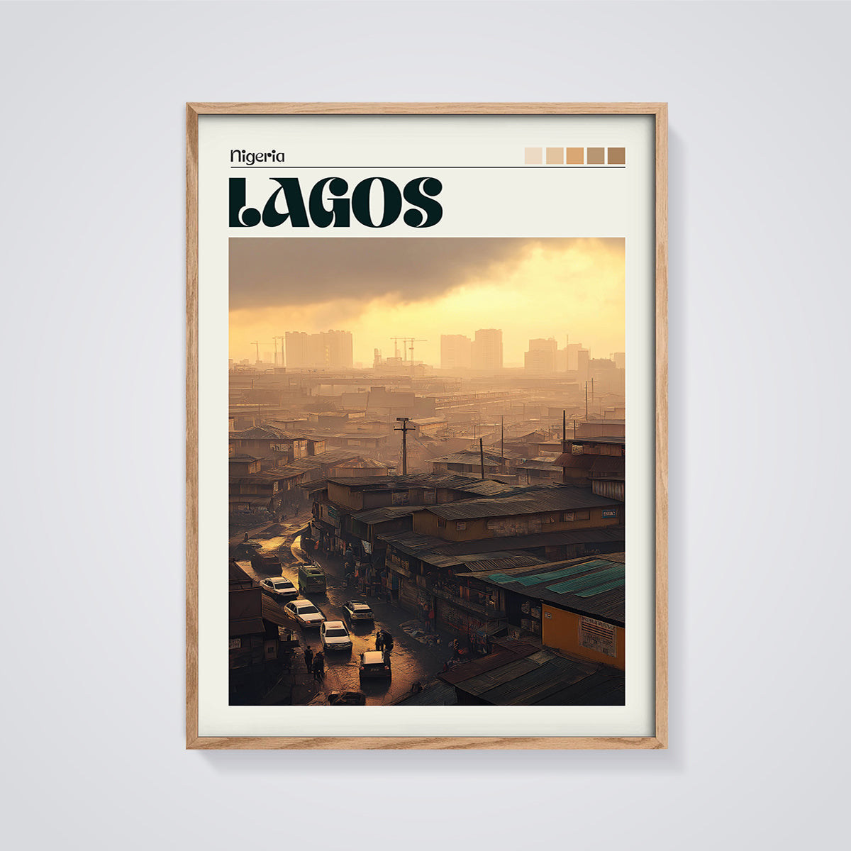 Lagos Nigeria Cityscape Print framed in oak on a grey background