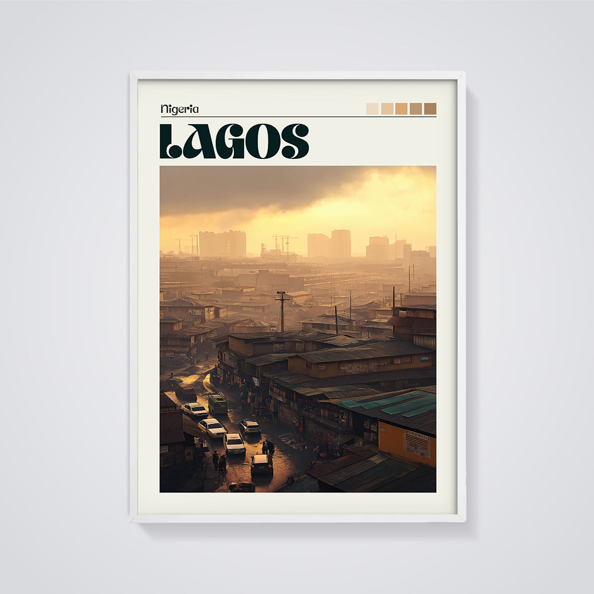 Lagos Nigeria Cityscape Print framed in white on a grey background