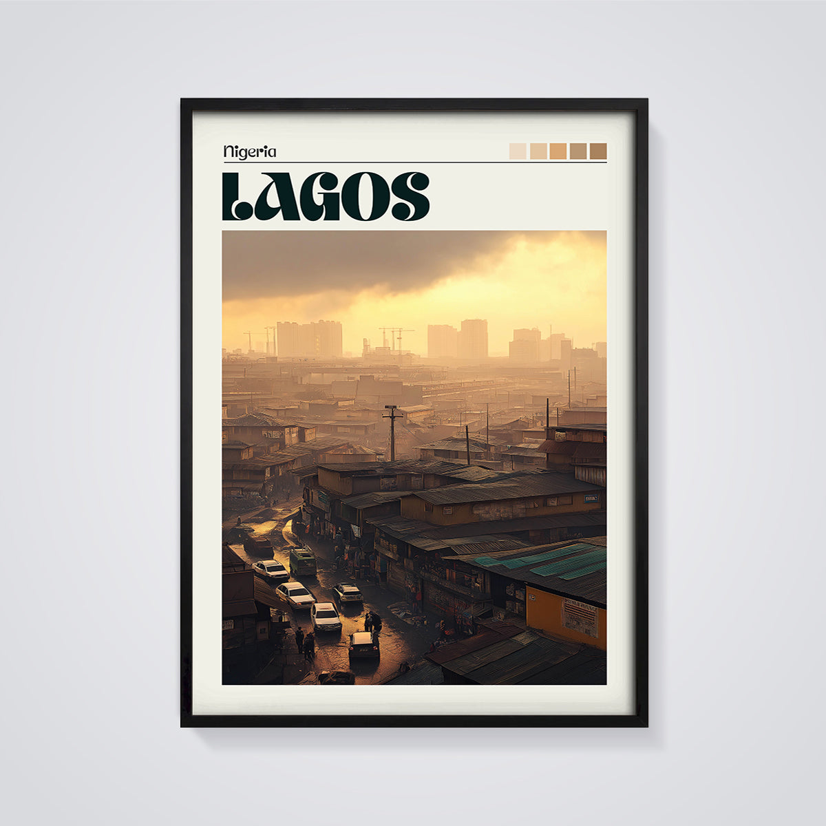 Lagos Nigeria Cityscape Print framed in black on a grey background