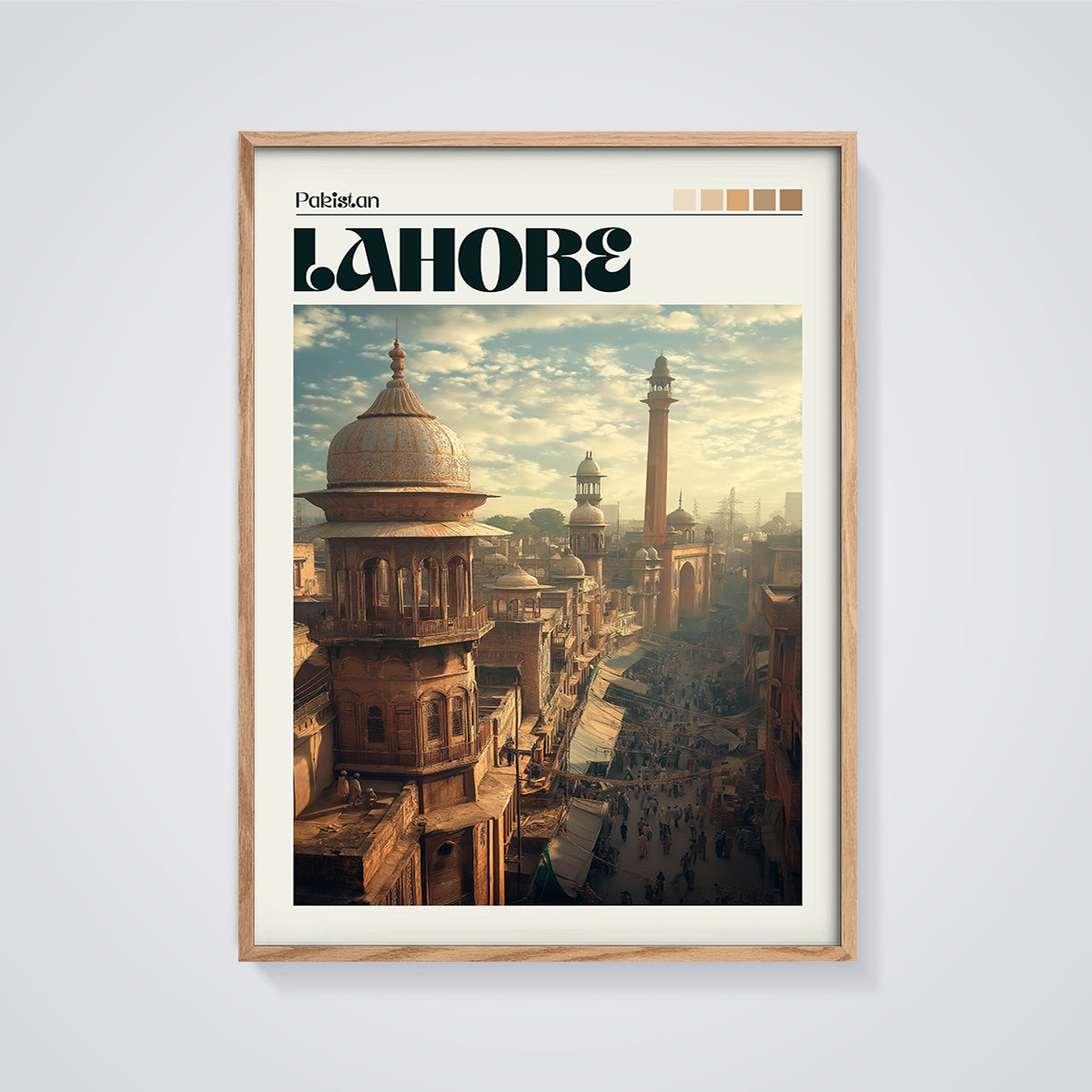 Lahore Cityscape Print framed in oak on a grey background