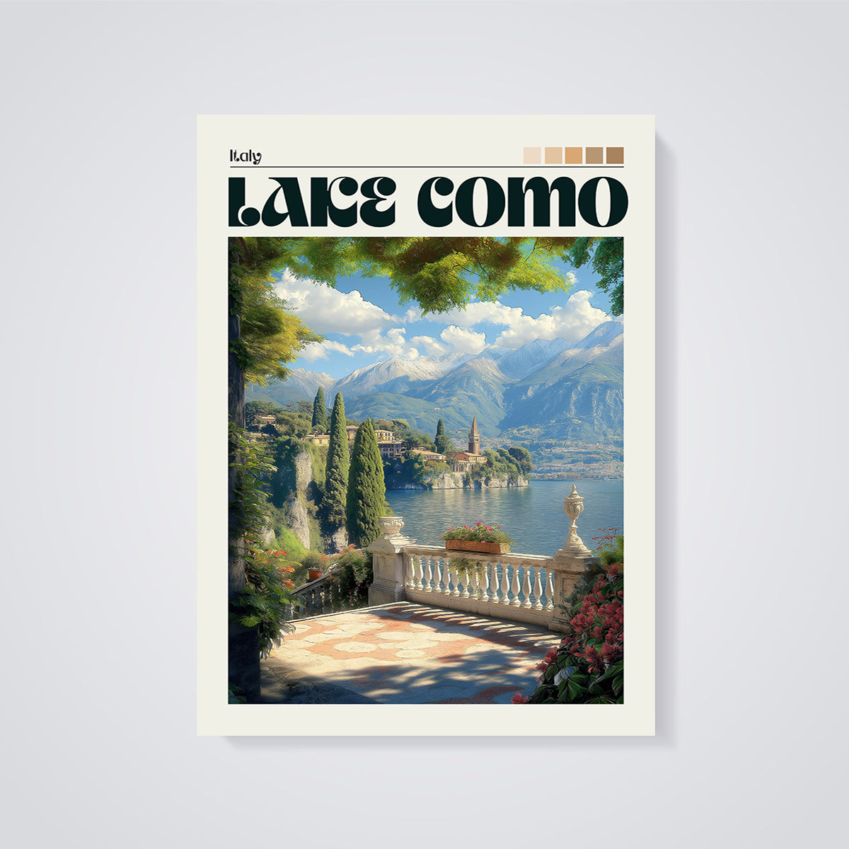Lake Como Balcony View Print unframed on a grey background