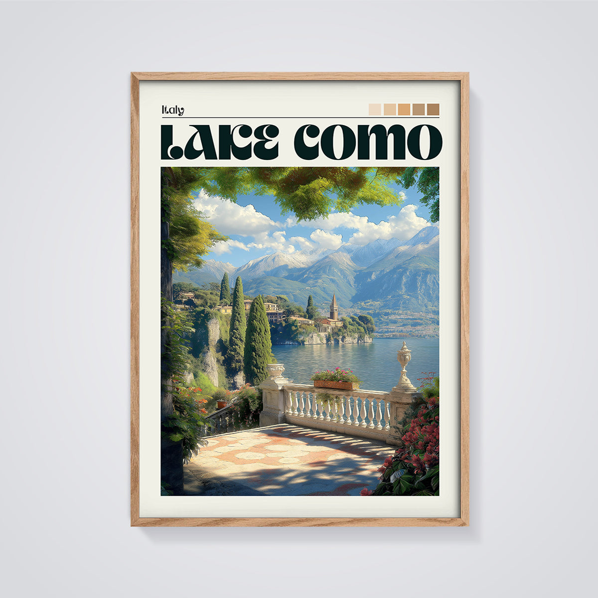 Lake Como Balcony View Print framed in oak on a grey background