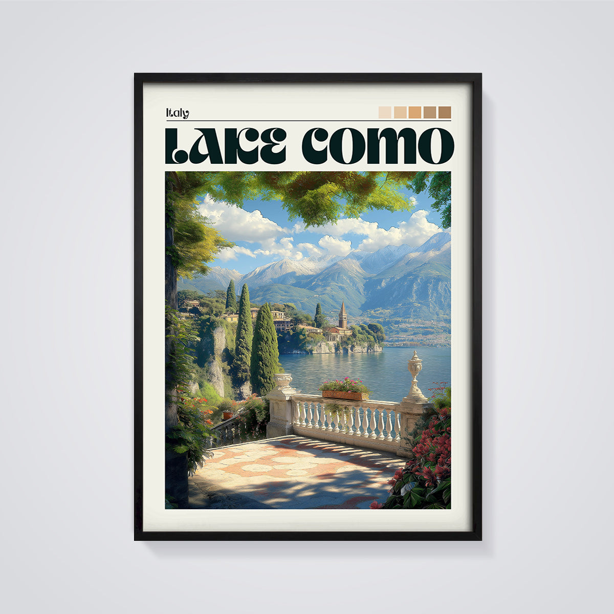 Lake Como Balcony View Print framed in black on a grey background