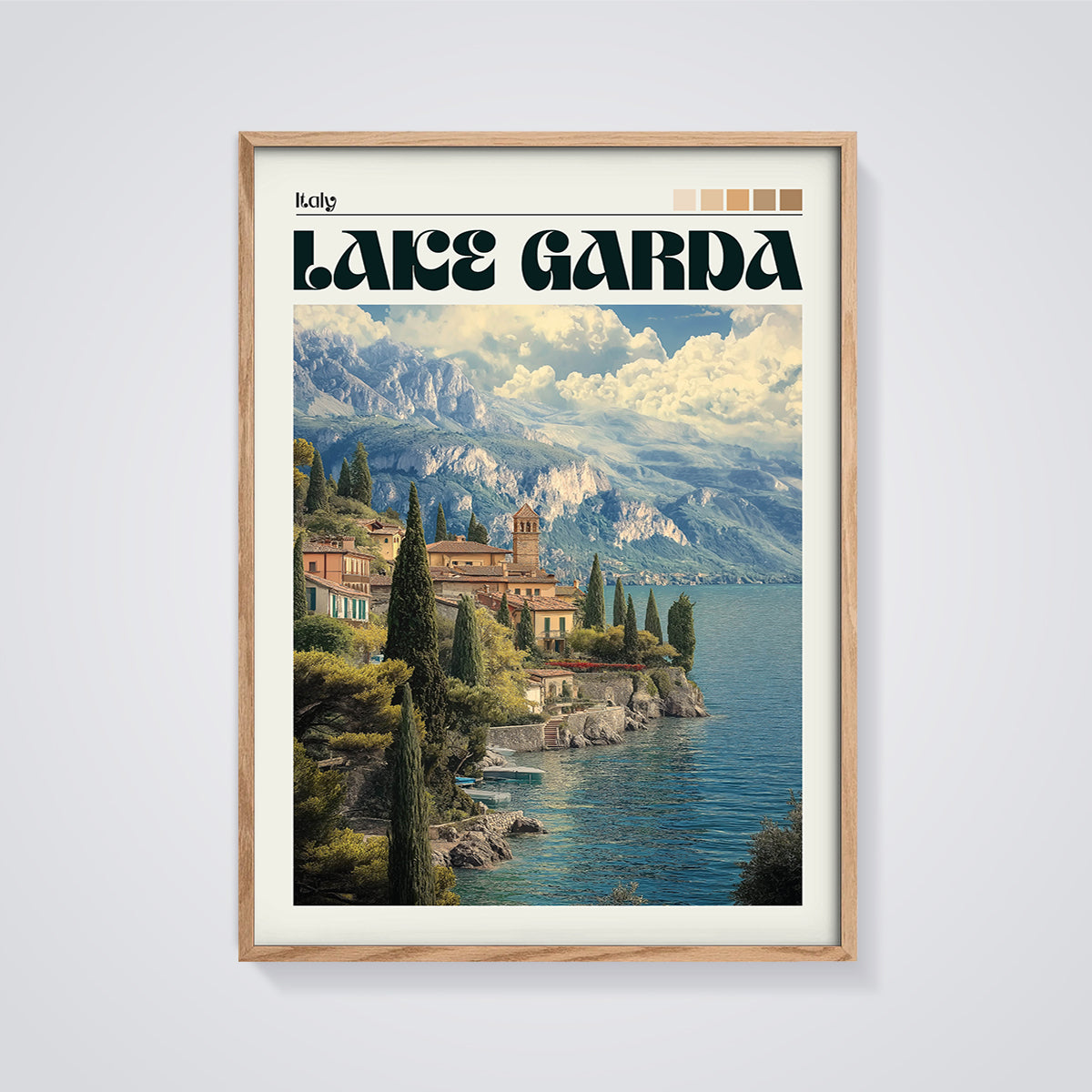Lake Garda Italy Travel Print framed in oak on a grey background