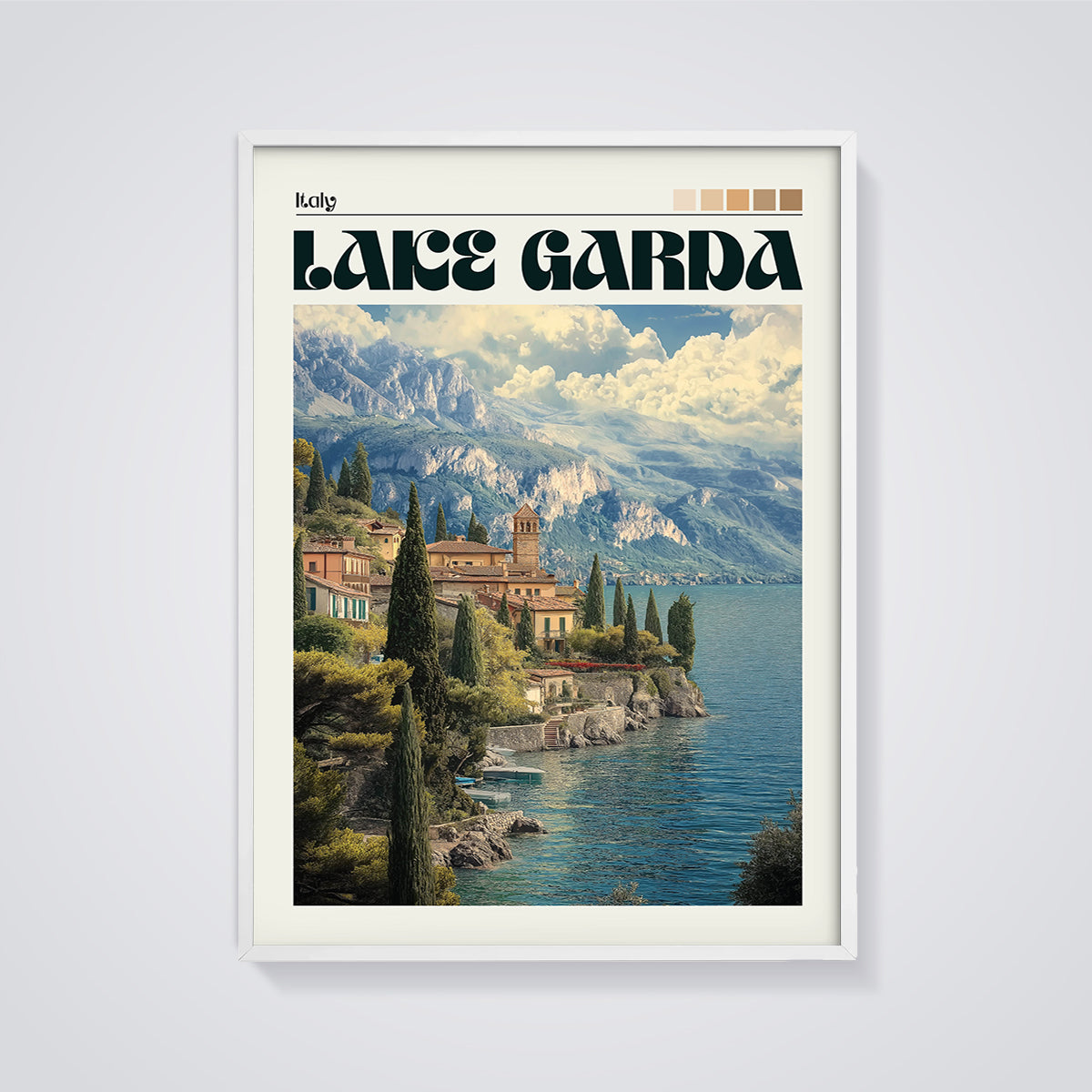 Lake Garda Italy Travel Print framed in white on a grey background