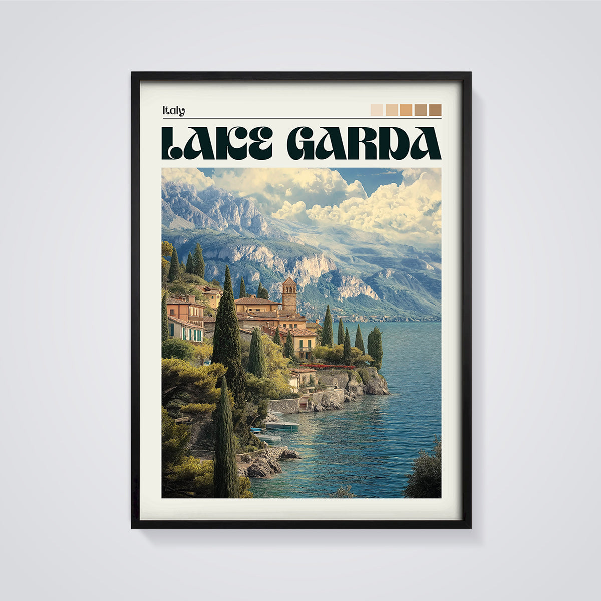 Lake Garda Italy Travel Print framed in black on a grey background