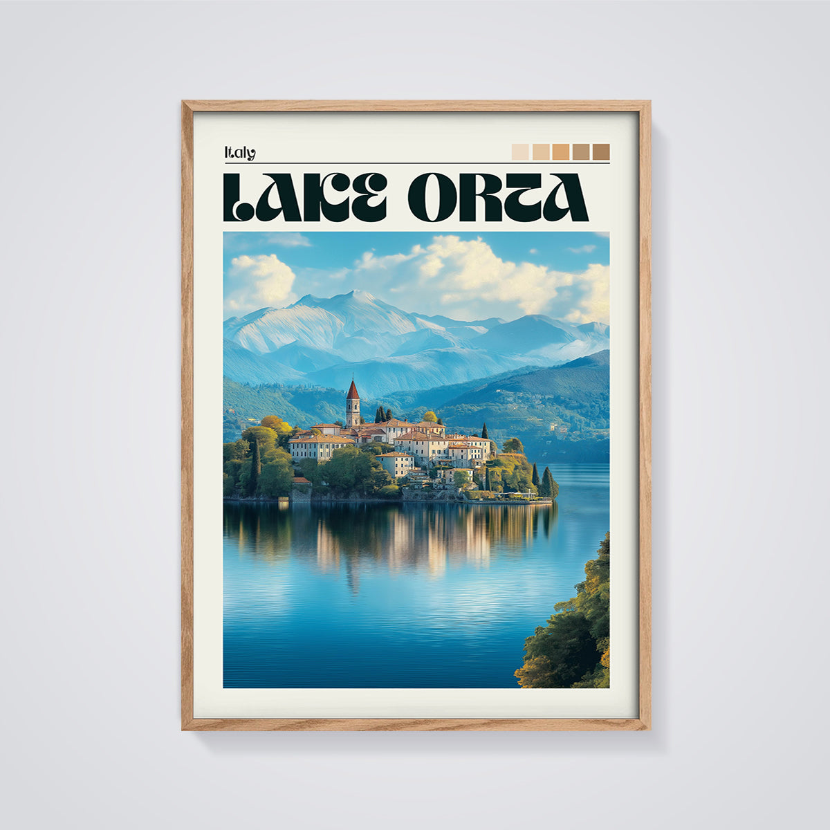 Lake Orta Italy Print framed in oak on a grey background
