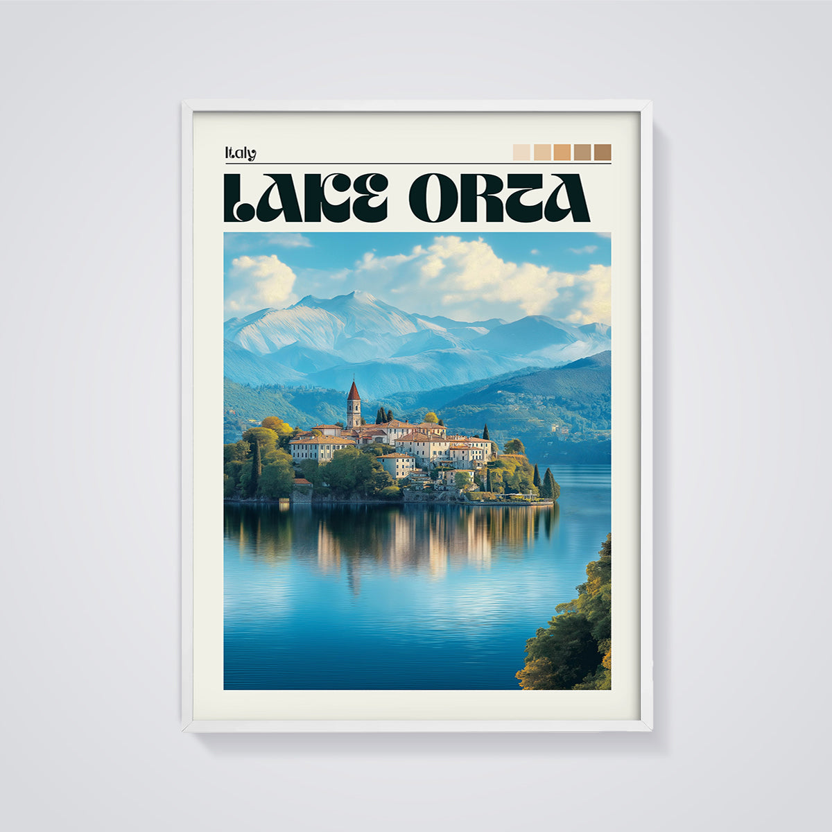 Lake Orta Italy Print framed in white on a grey background