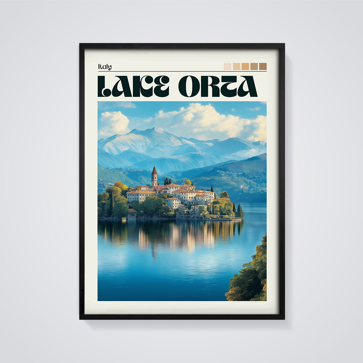 Lake Orta Italy Print framed in black on a grey background