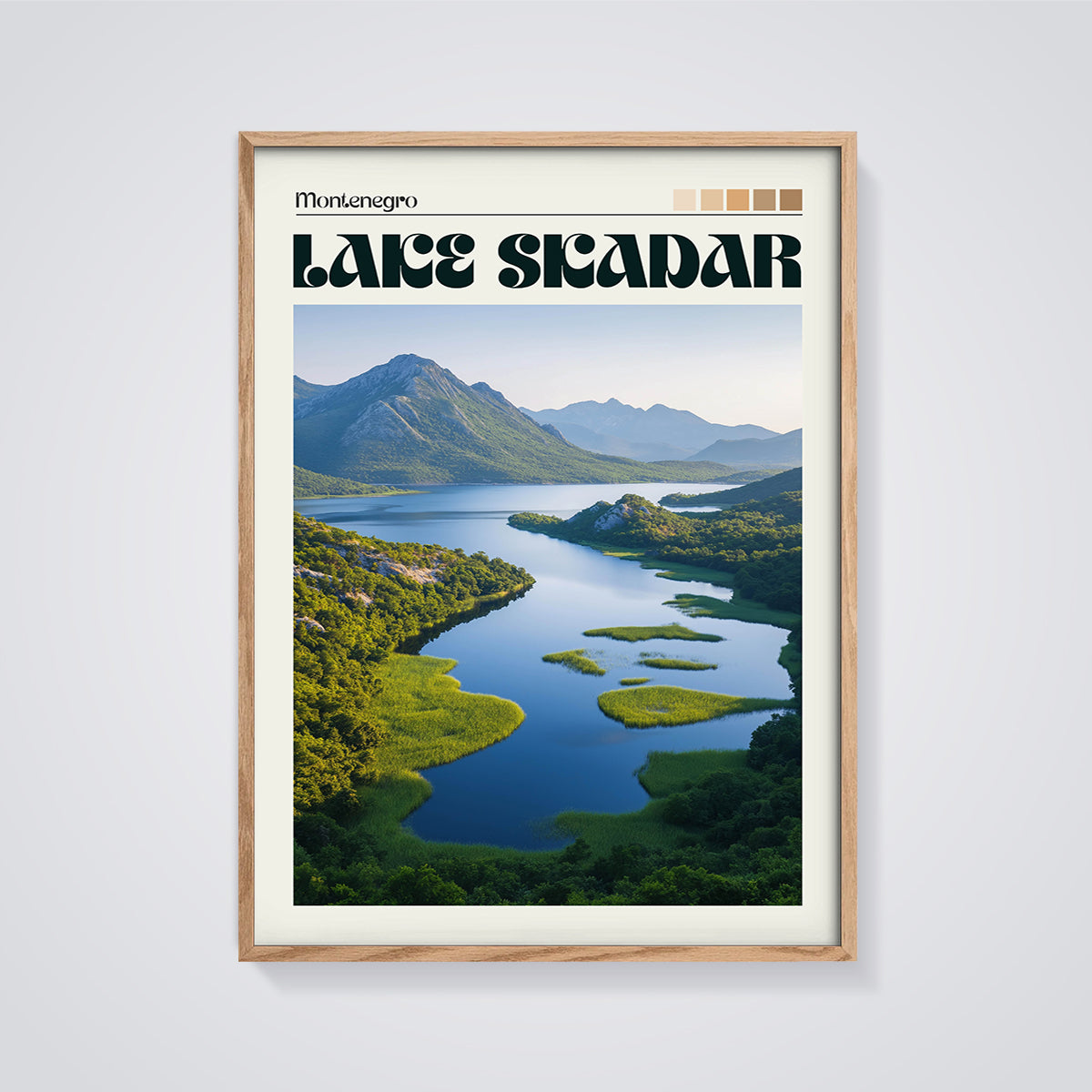Lake Skadar Montenegro Print framed in oak on a grey background