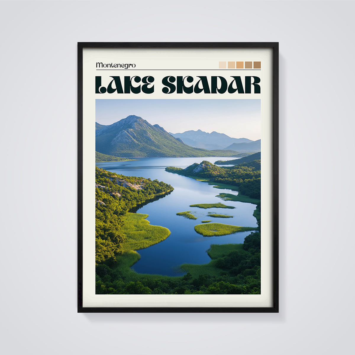 Lake Skadar Montenegro Print framed in black on a grey background