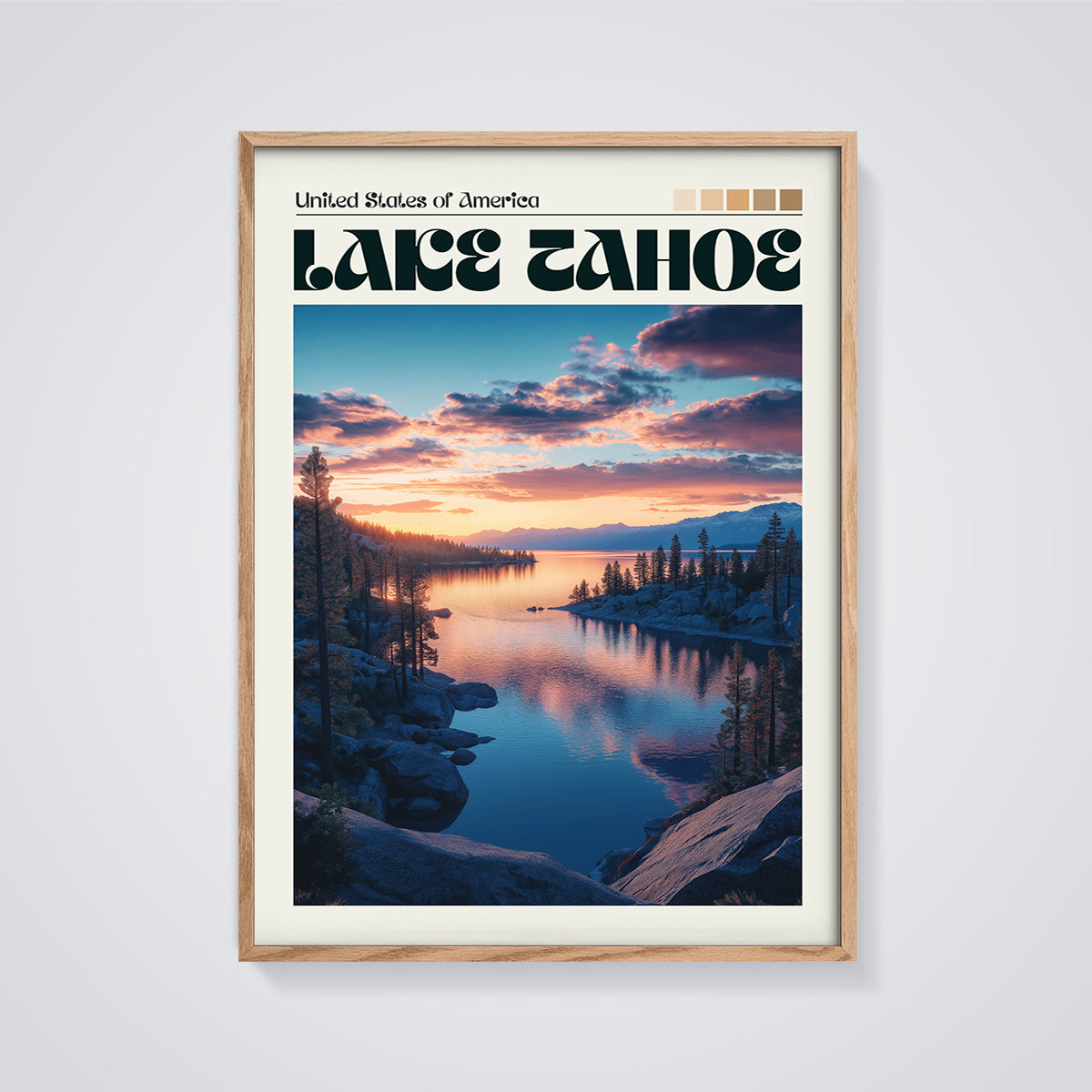Lake Tahoe Sunset Print framed in oak on a grey background