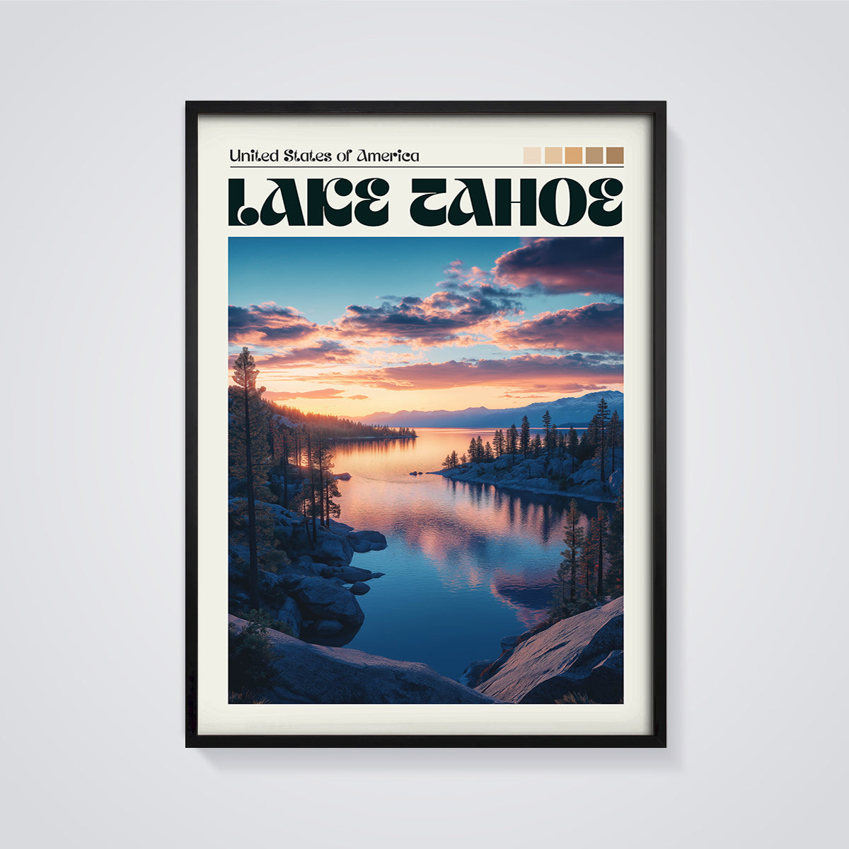 Lake Tahoe Sunset Print framed in black on a grey background