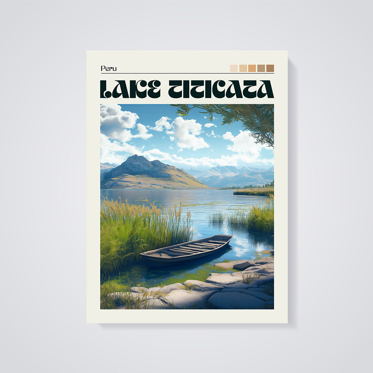 Lake Titicaca Peru Boat Print unframed on a grey background