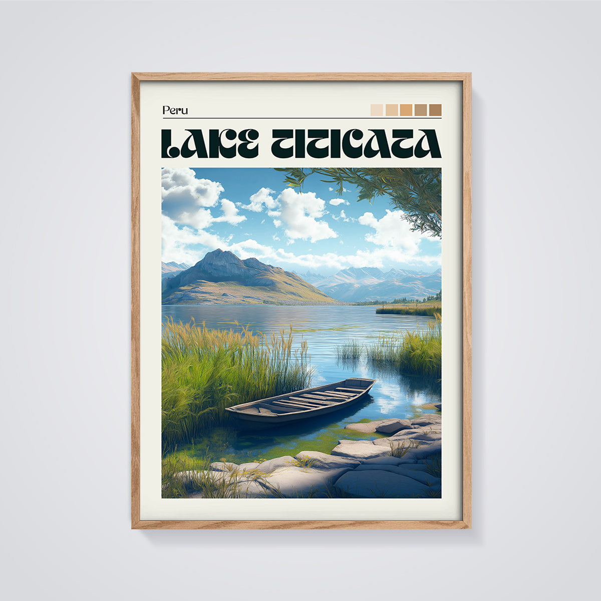 Lake Titicaca Peru Boat Print framed in oak on a grey background