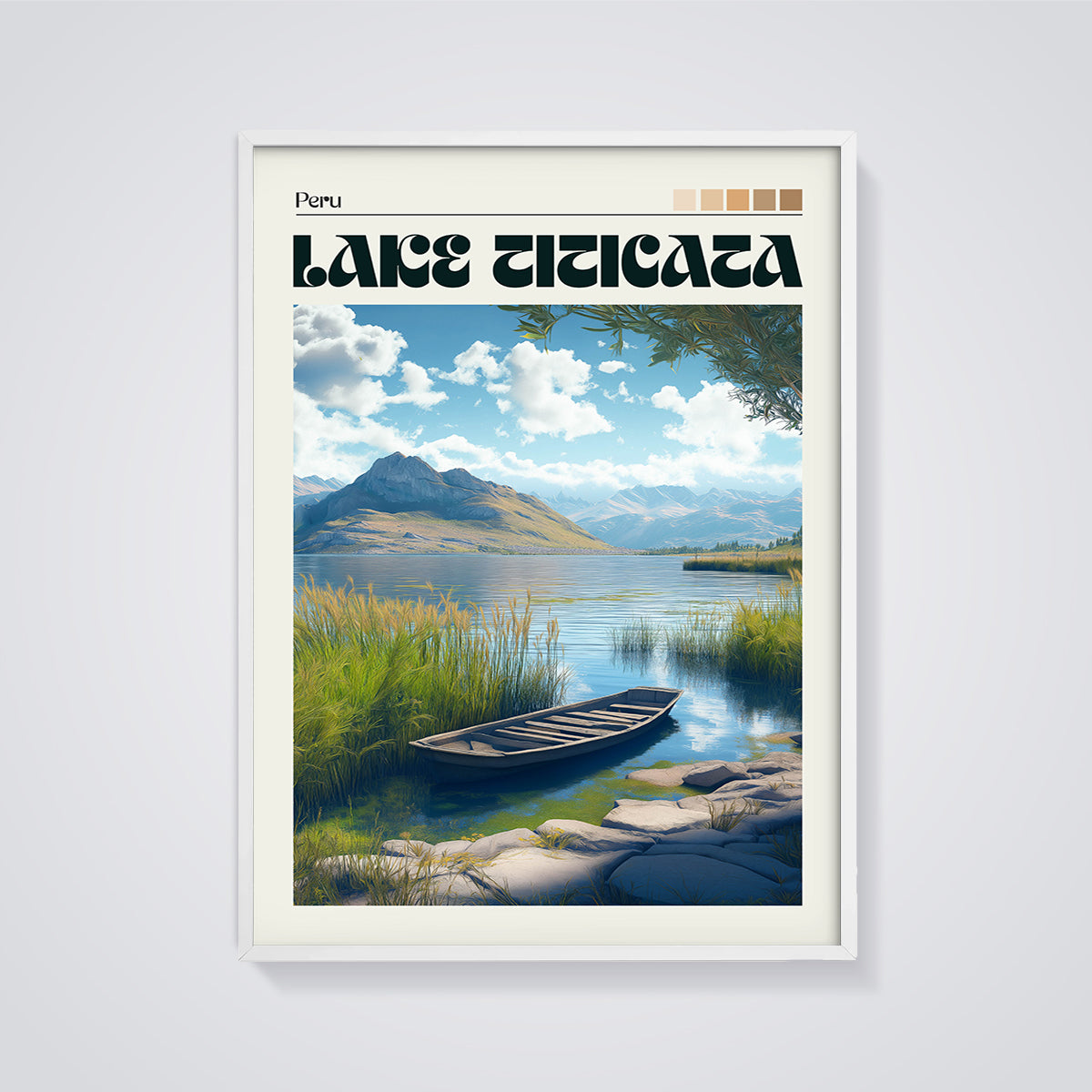 Lake Titicaca Peru Boat Print framed in white on a grey background