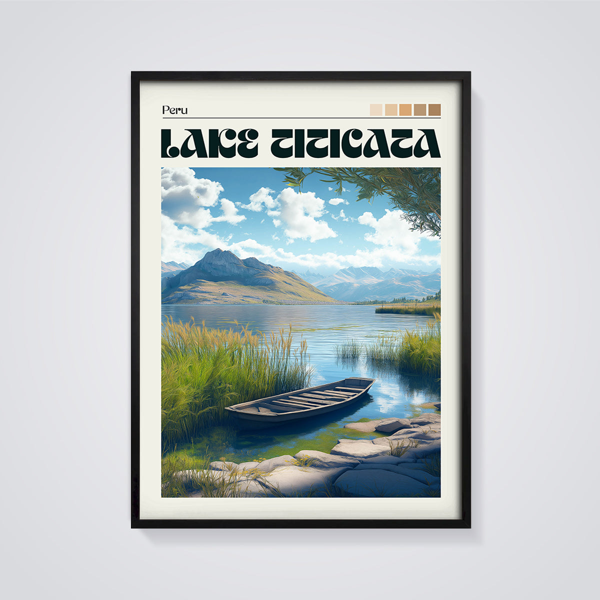 Lake Titicaca Peru Boat Print framed in black on a grey background