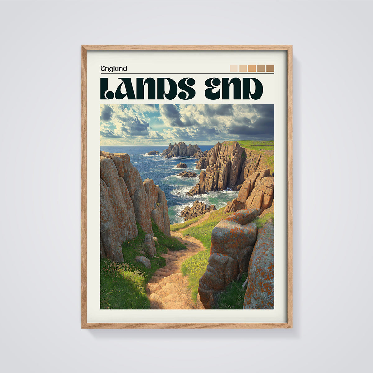 Land's End England Cliffs Print framed in oak on a grey background