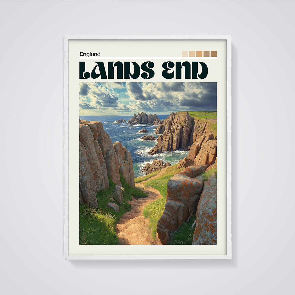 Land's End England Cliffs Print framed in white on a grey background