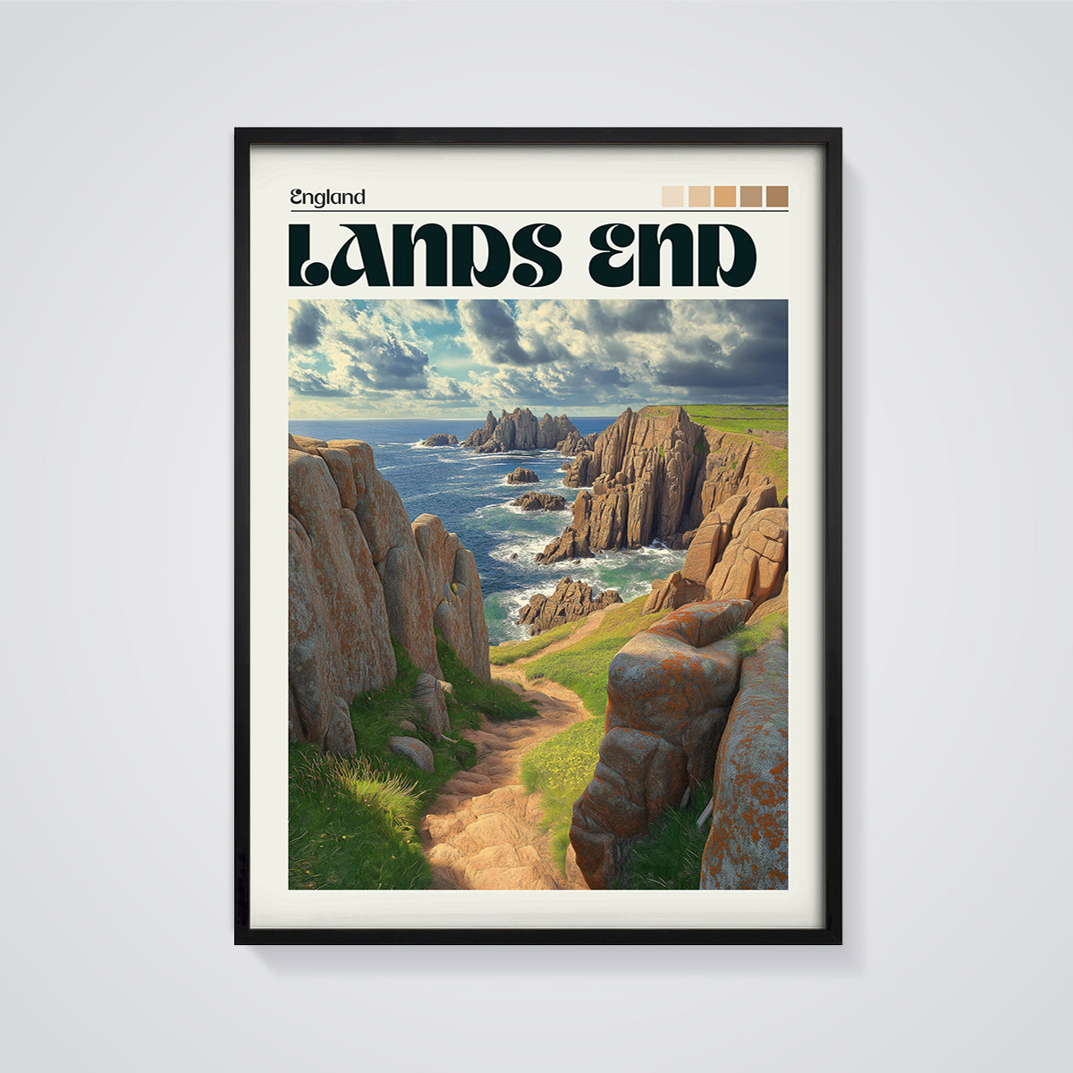 Land's End England Cliffs Print framed in black on a grey background