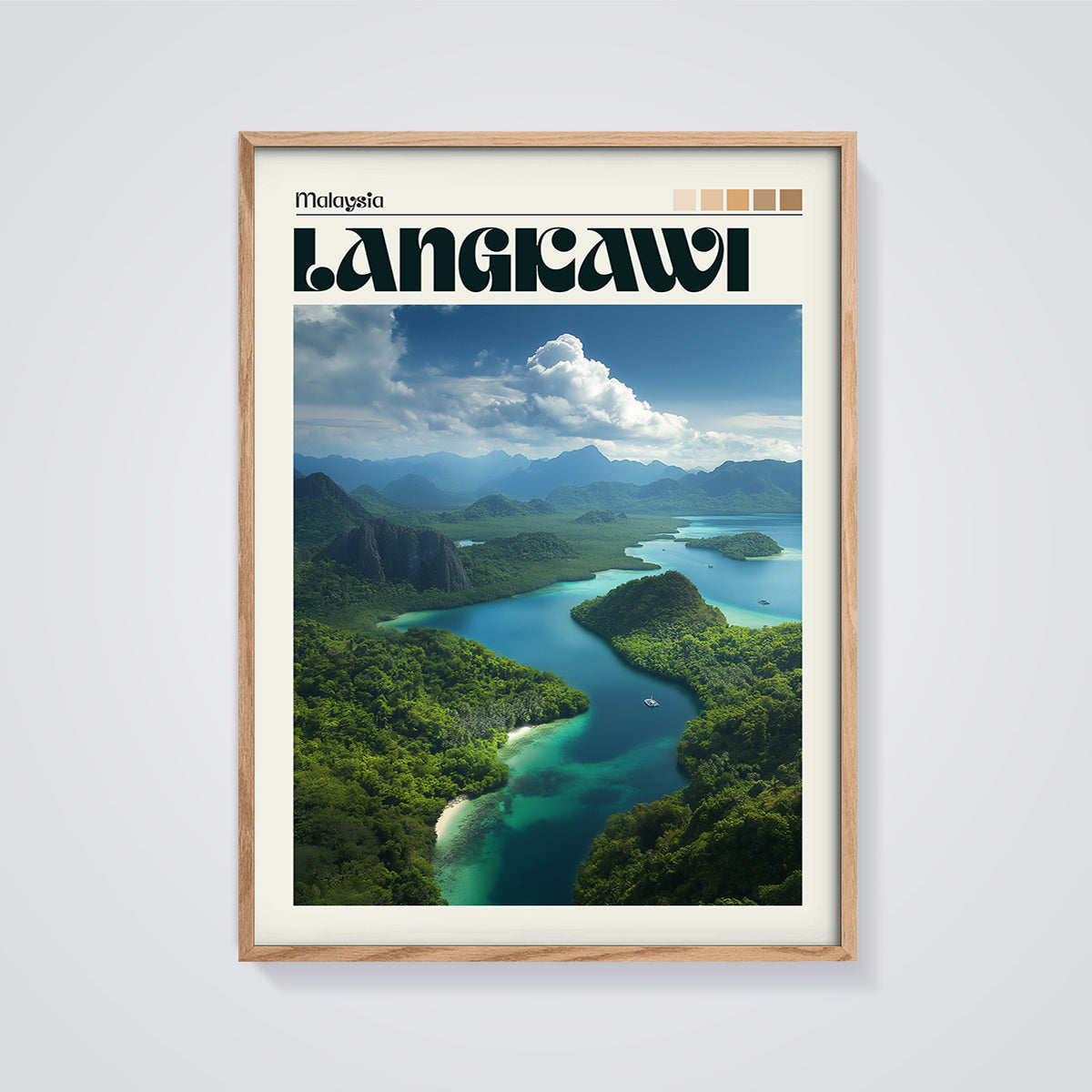 Langkawi Malaysia Coastal Print framed in oak on a grey background