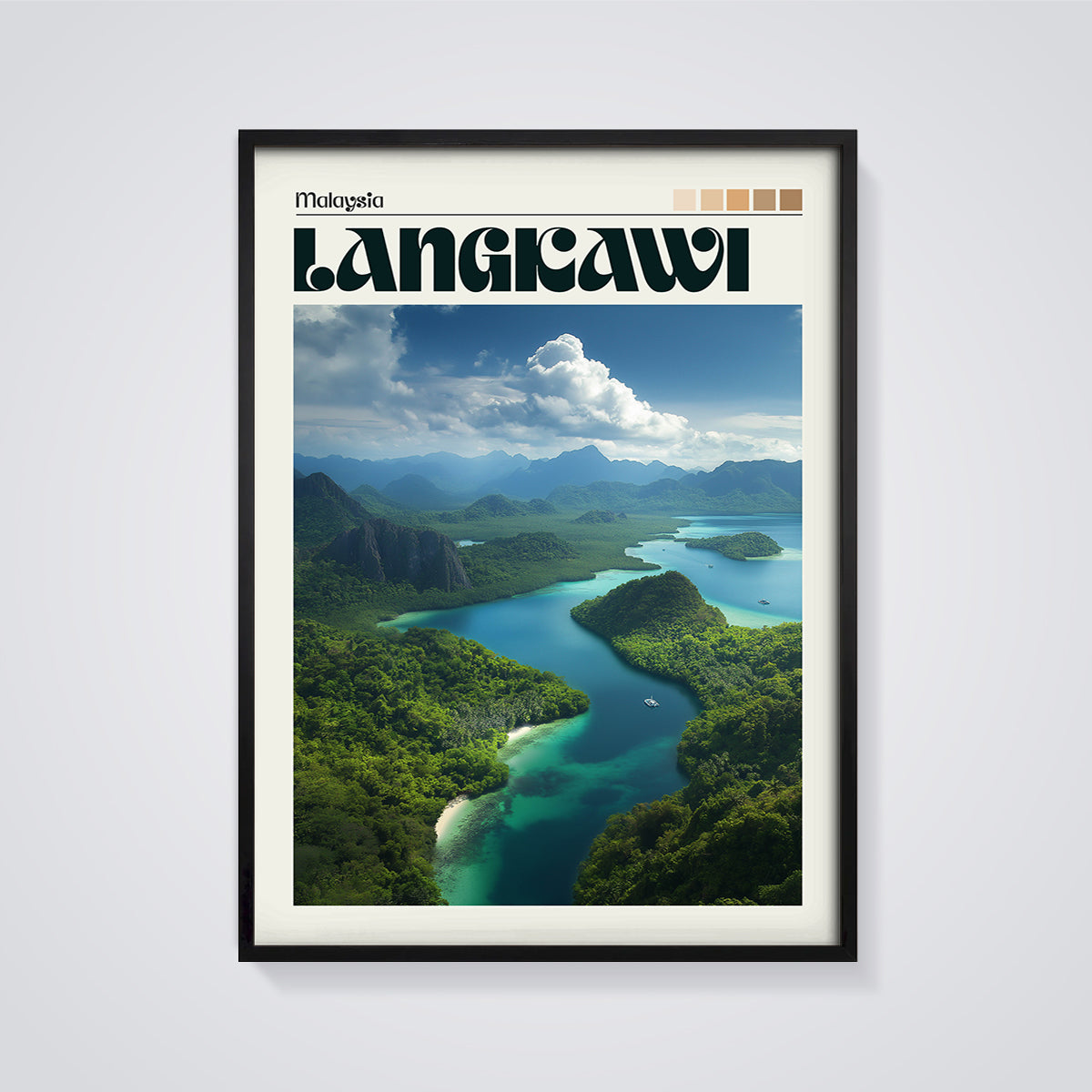 Langkawi Malaysia Coastal Print framed in black on a grey background