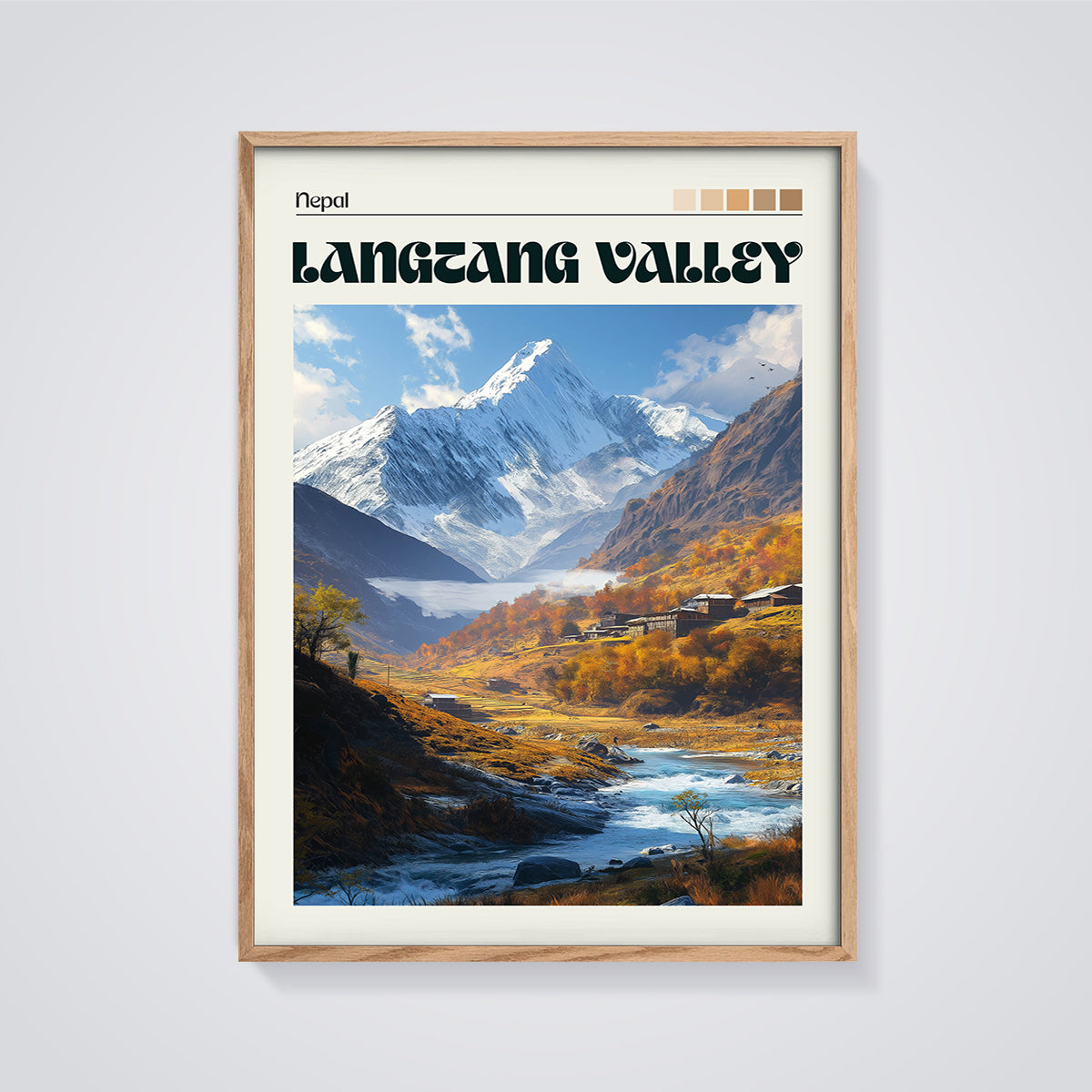 Langtang Valley Nepal Print framed in oak on a grey background