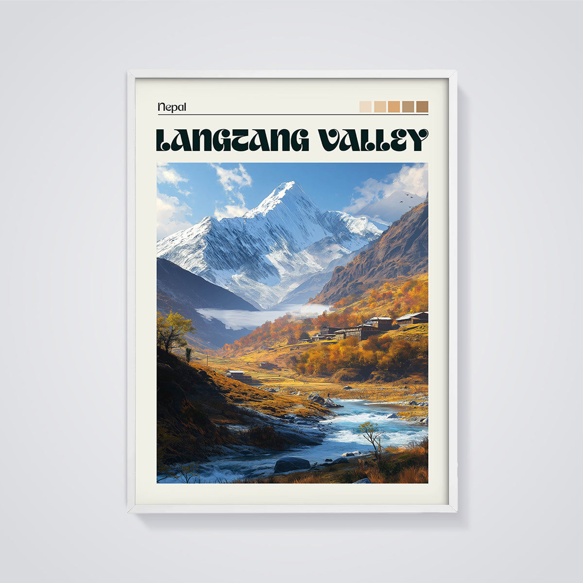 Langtang Valley Nepal Print framed in white on a grey background