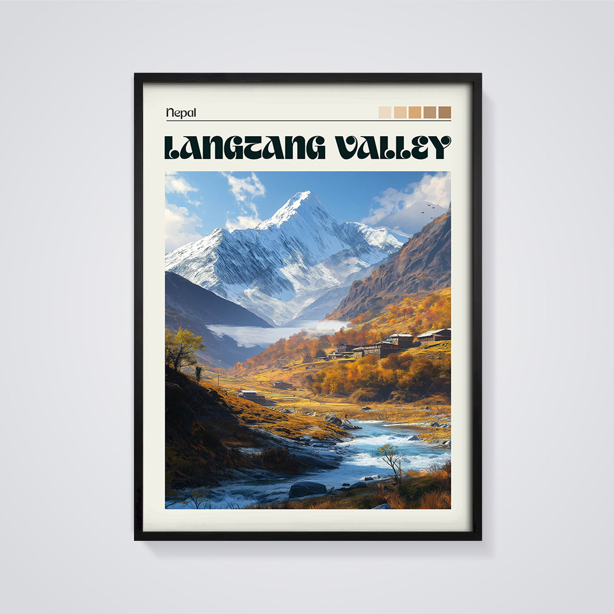 Langtang Valley Nepal Print framed in black on a grey background