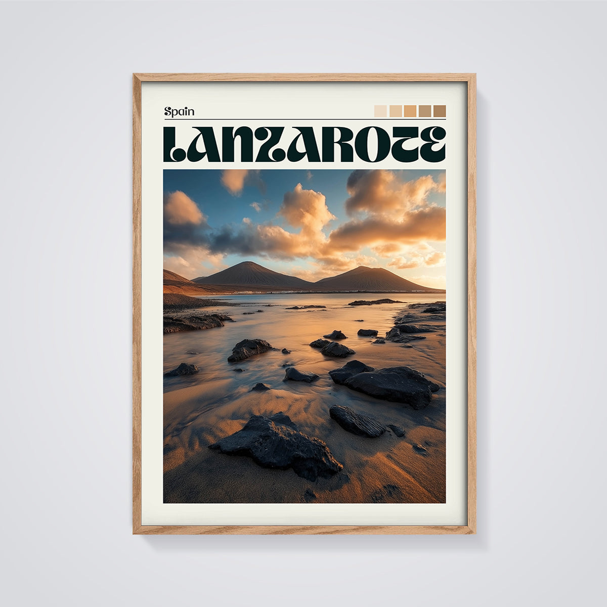 Lanzarote Sunset Beach Print framed in oak on a grey background