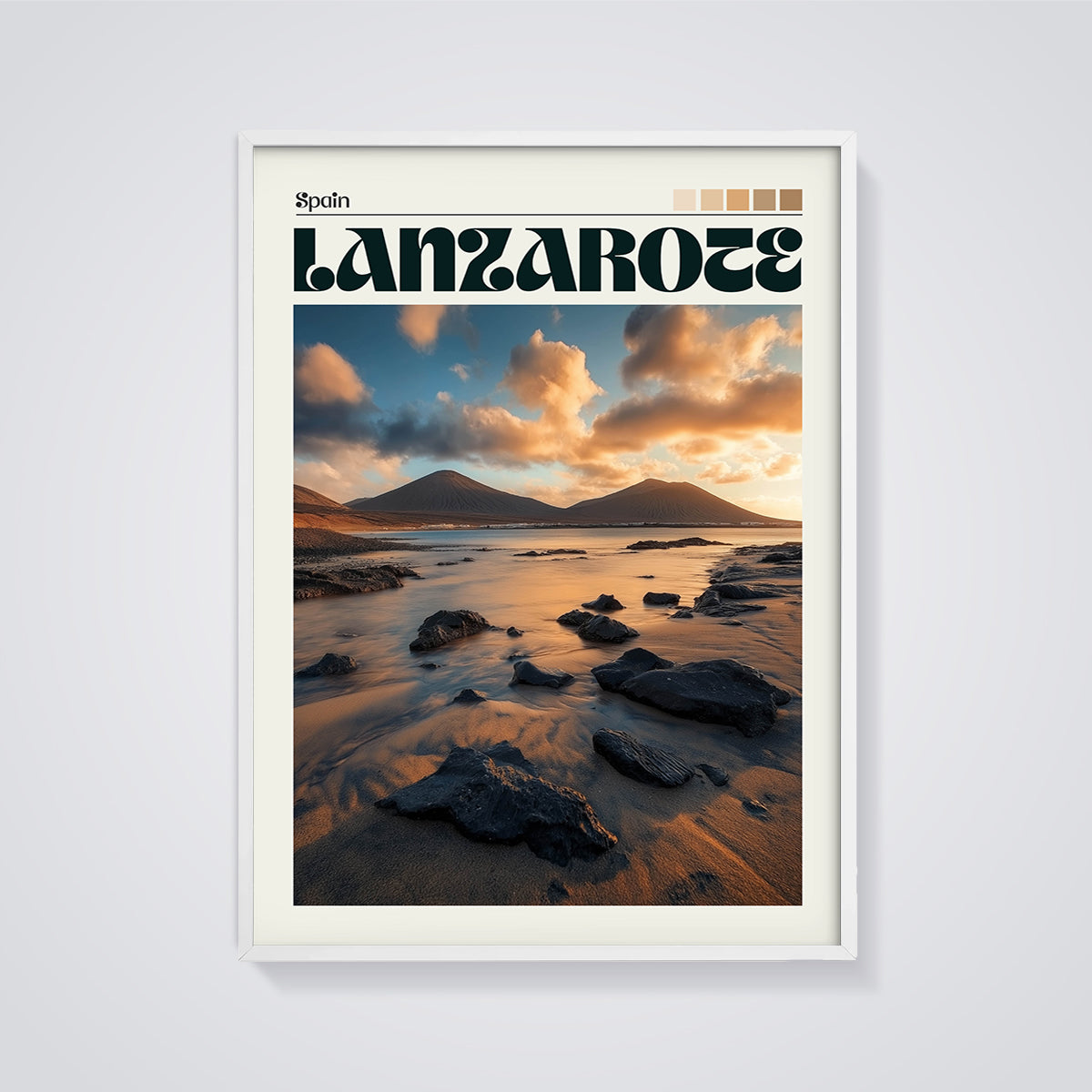 Lanzarote Sunset Beach Print framed in white on a grey background