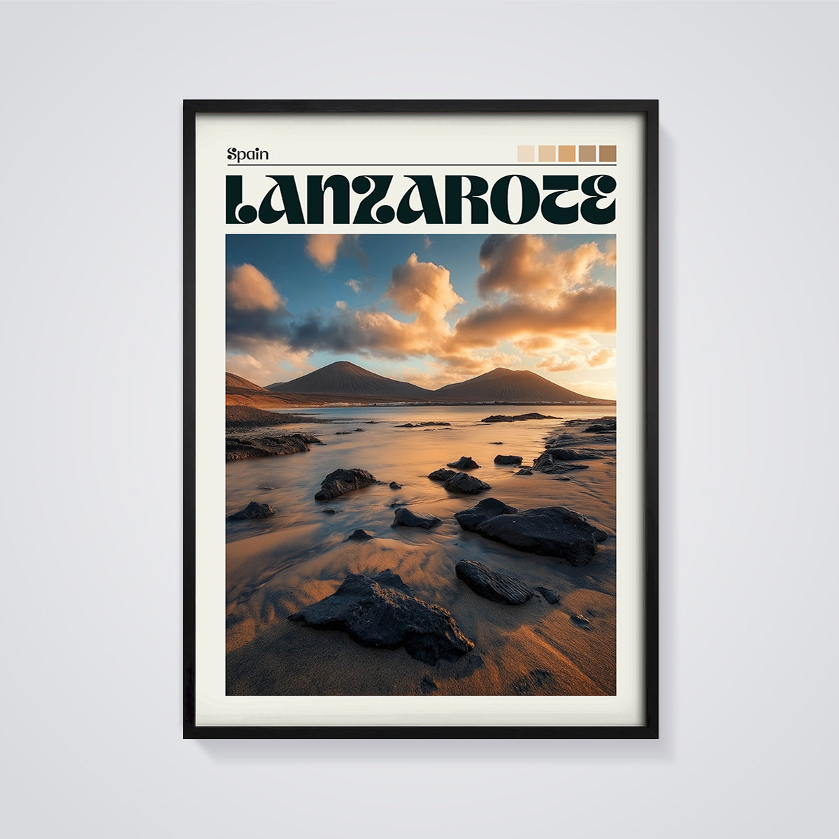 Lanzarote Sunset Beach Print framed in black on a grey background