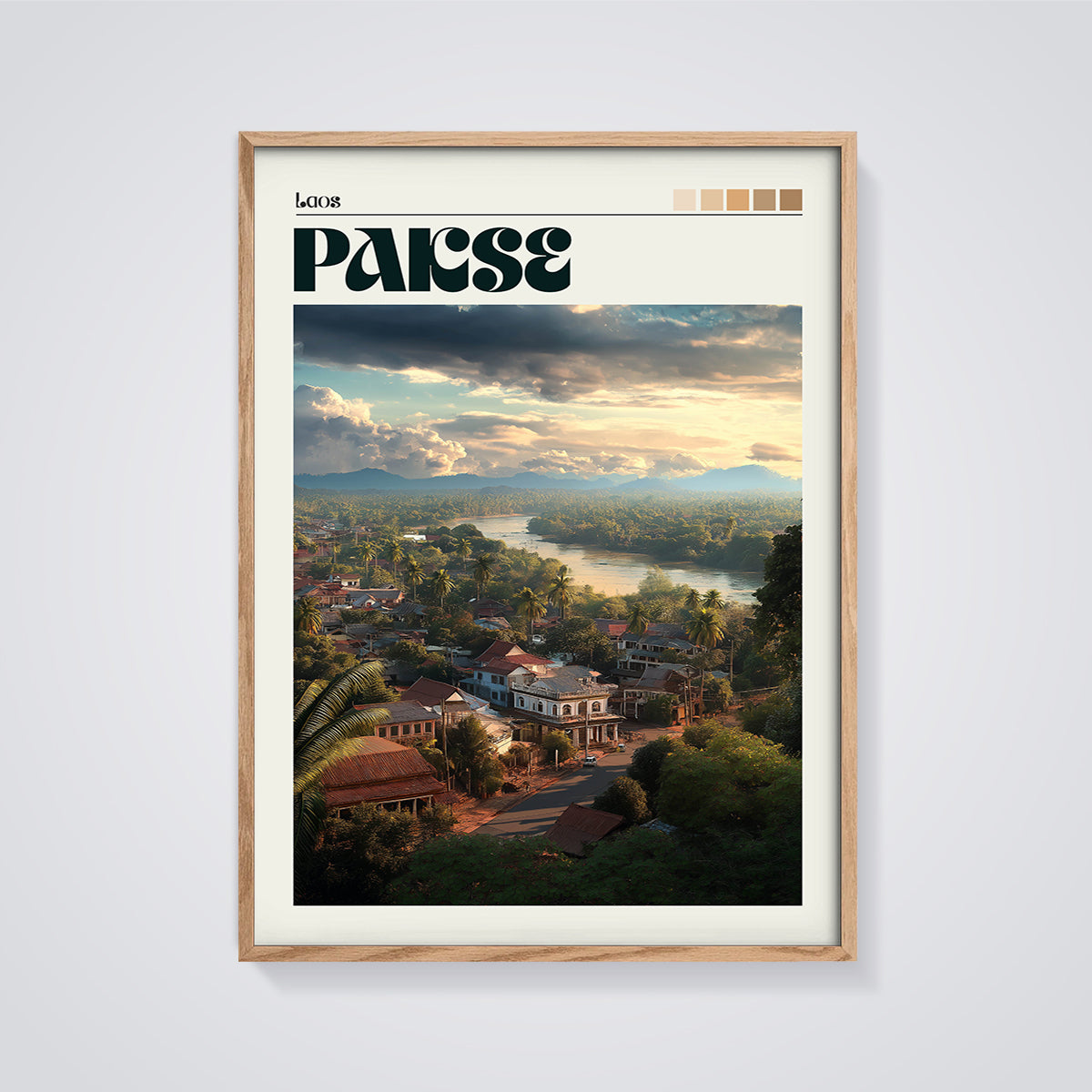 Laos PARSE Townscape Print framed in oak on a grey background