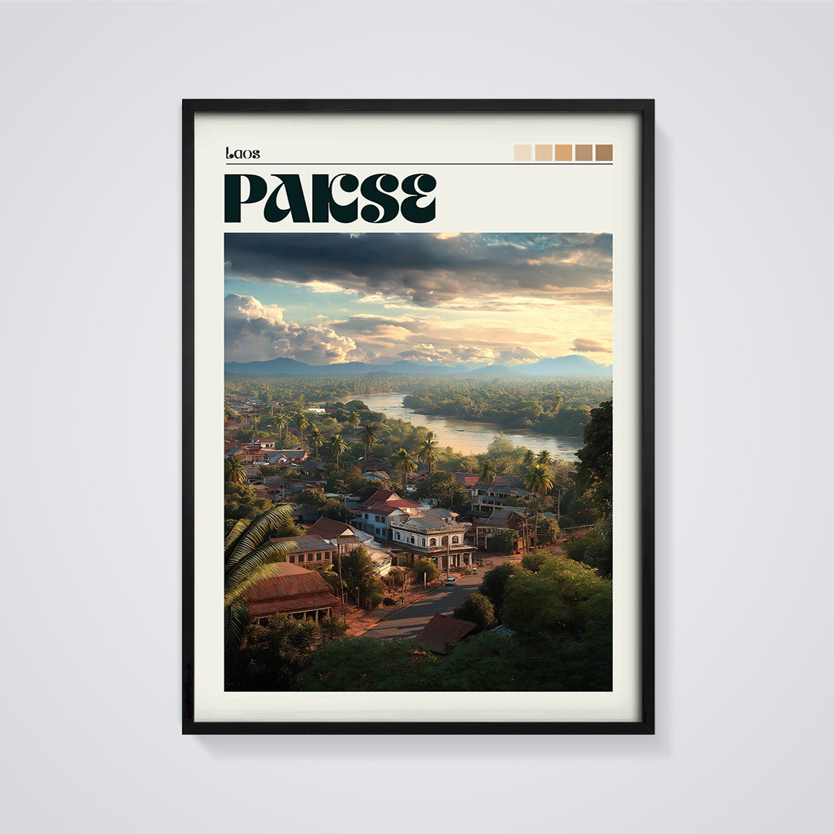 Laos PARSE Townscape Print framed in black on a grey background